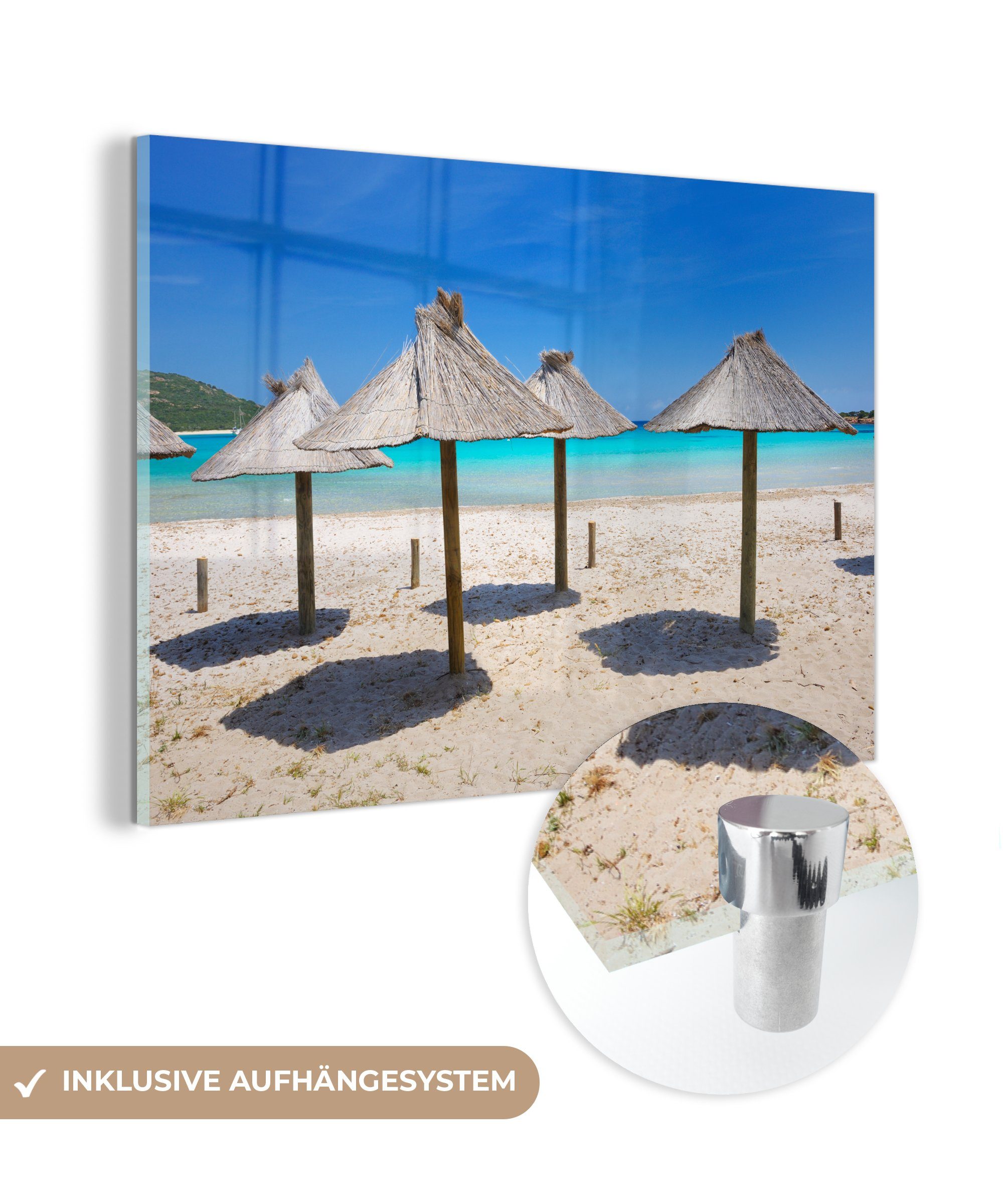 MuchoWow Acrylglasbild Sonnenschirme aus Korbgeflecht an einem Strand im Urlaubsland Korsika, (1 St), Acrylglasbilder Wohnzimmer & Schlafzimmer