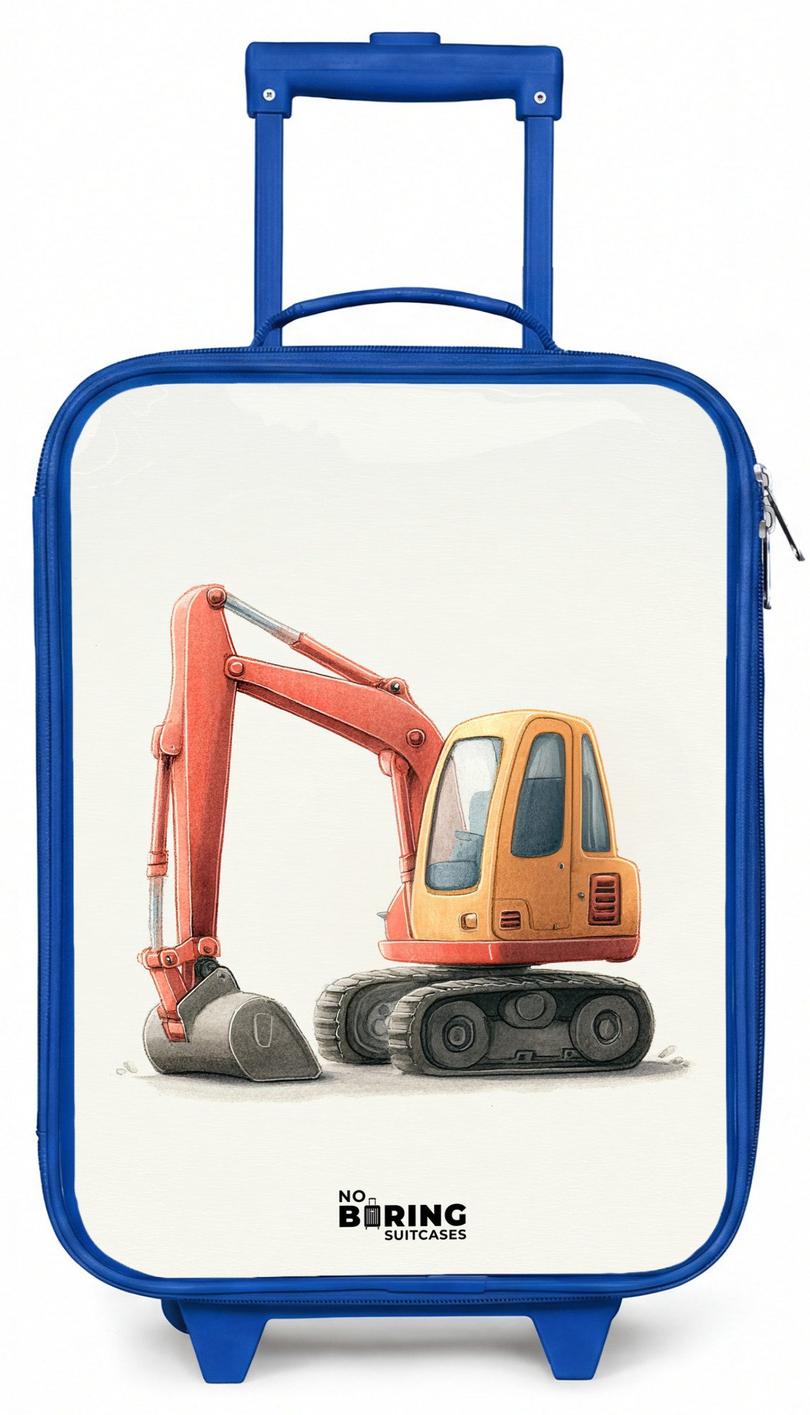 NoBoringSuitcases.com© Kinderkoffer Blau - mit leuchtende Räder - Bagger - Signiert - Orange, 2 Rollen, Handgepäck Koffer, Trolley Kinder, Reisekoffer Jungen