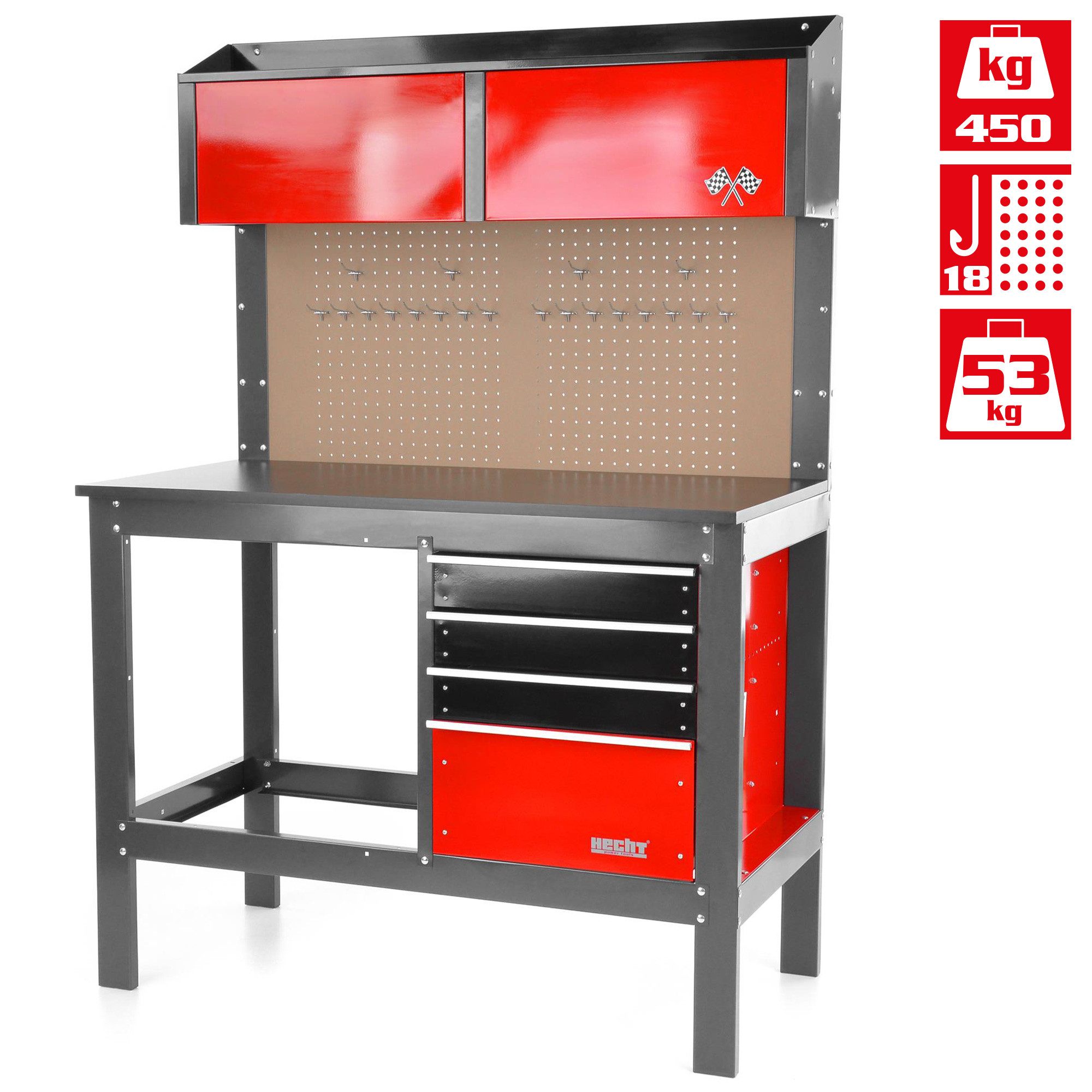 Hecht Werkbank 2091 mit Lochwand, 4 Schubladen & Ablagefach, 450 kg Tragkraft, Stahl, Werkstatttisch