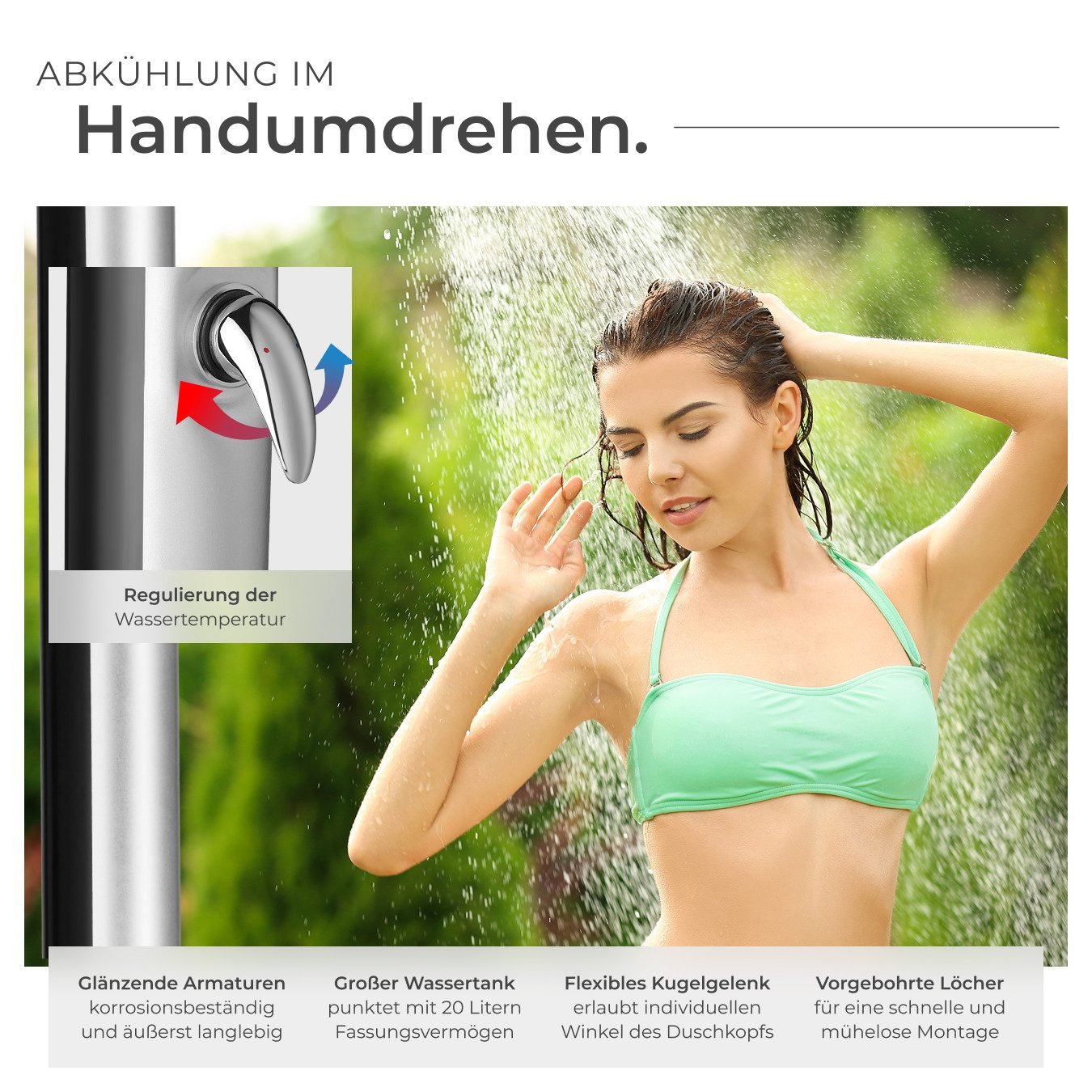 tectake Gartendusche Solardusche - umweltfreundlich mit 20 l Tank (Freiluftdusche Tinto, 1 St., in Schwarz/Silber), Drehbarer Regenduschkopf mit 360° Gelenk