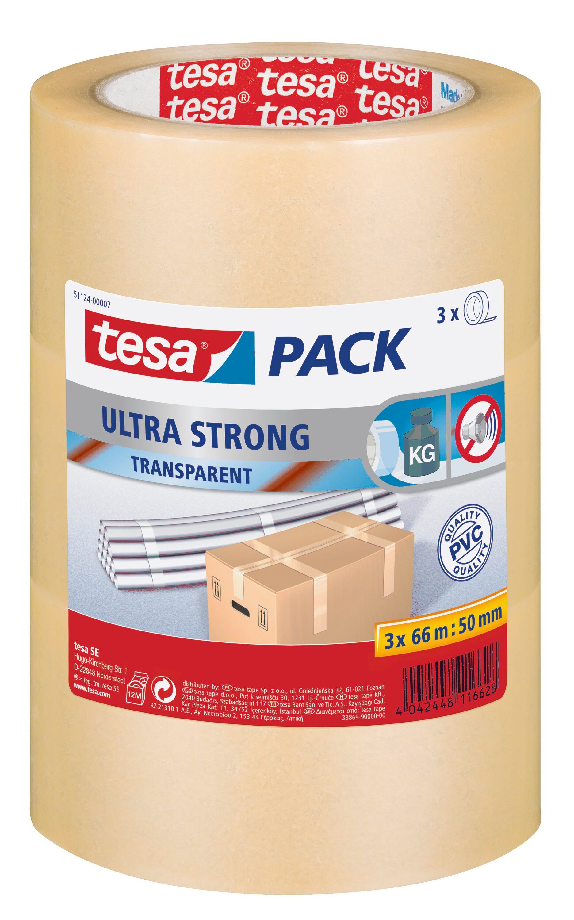 tesa Klebeband tesapack ULTRA STRONG extra starkes Paketklebeband (Spar-Set, 3-St) Packband - einfaches Verpacken & Verschließen - transparent