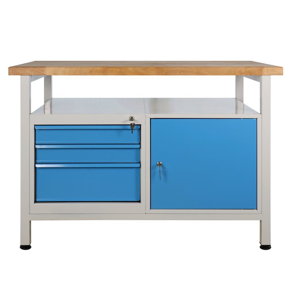 3 Ablagefläche Rhino Tür, 1 Werkbank mit PROREGAL® Lichtblau Schubladen + Grau/Blau + Werkbank