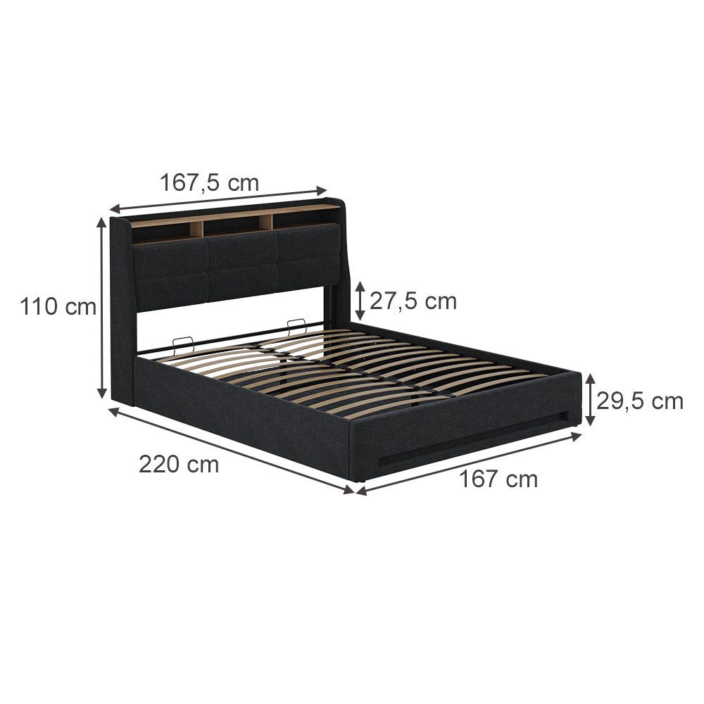VitaliSpa® Polsterbett Christin, Anthrazit/Eiche, 160x200 mit LED und USB-Anschluss (1-tlg)