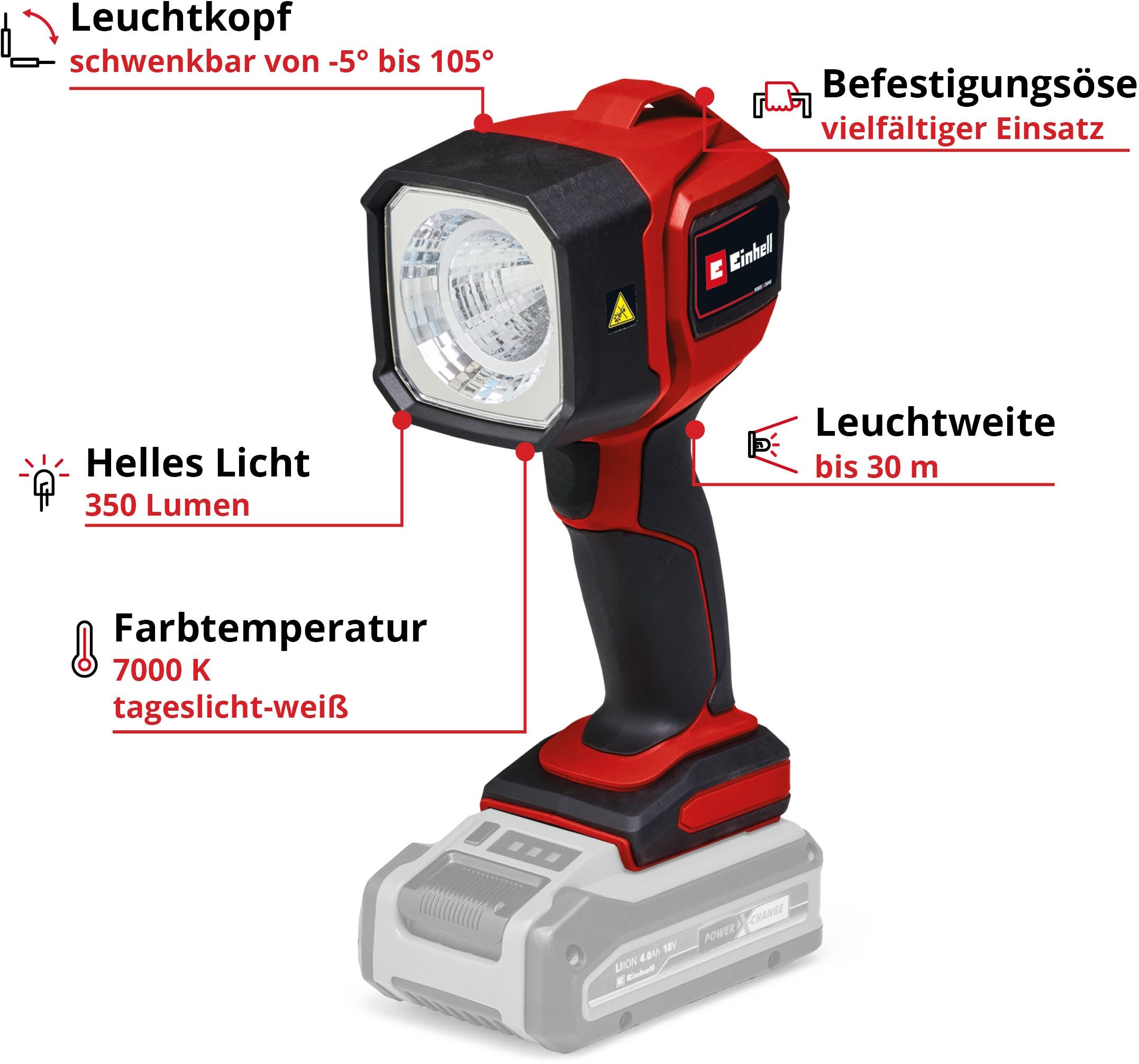 Einhell LED Arbeitsleuchte Akku-Lampe TC-CL 18/350 Li - Solo, LED fest integriert, Tageslichtweiß, Mitglied der Power X-Change Familie, ohne Akku – Bild 2 von 5