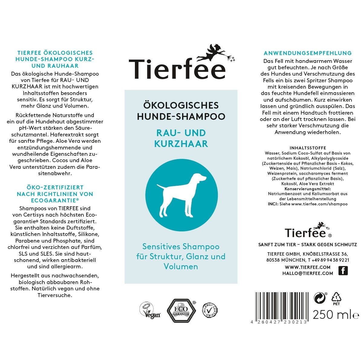 Tierfee Tiershampoo Ökologisches Hunde-Shampoo für Rau- und Kurzhaar 250 ml, 250 ml, ökologisch, vegan