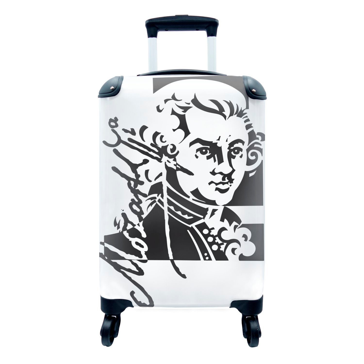 MuchoWow Handgepäckkoffer Illustration von Mozart und seiner Unterschrift in schwarz-weiß, 4 Rollen, Reisetasche mit rollen, Handgepäck für Ferien, Trolley, Reisekoffer