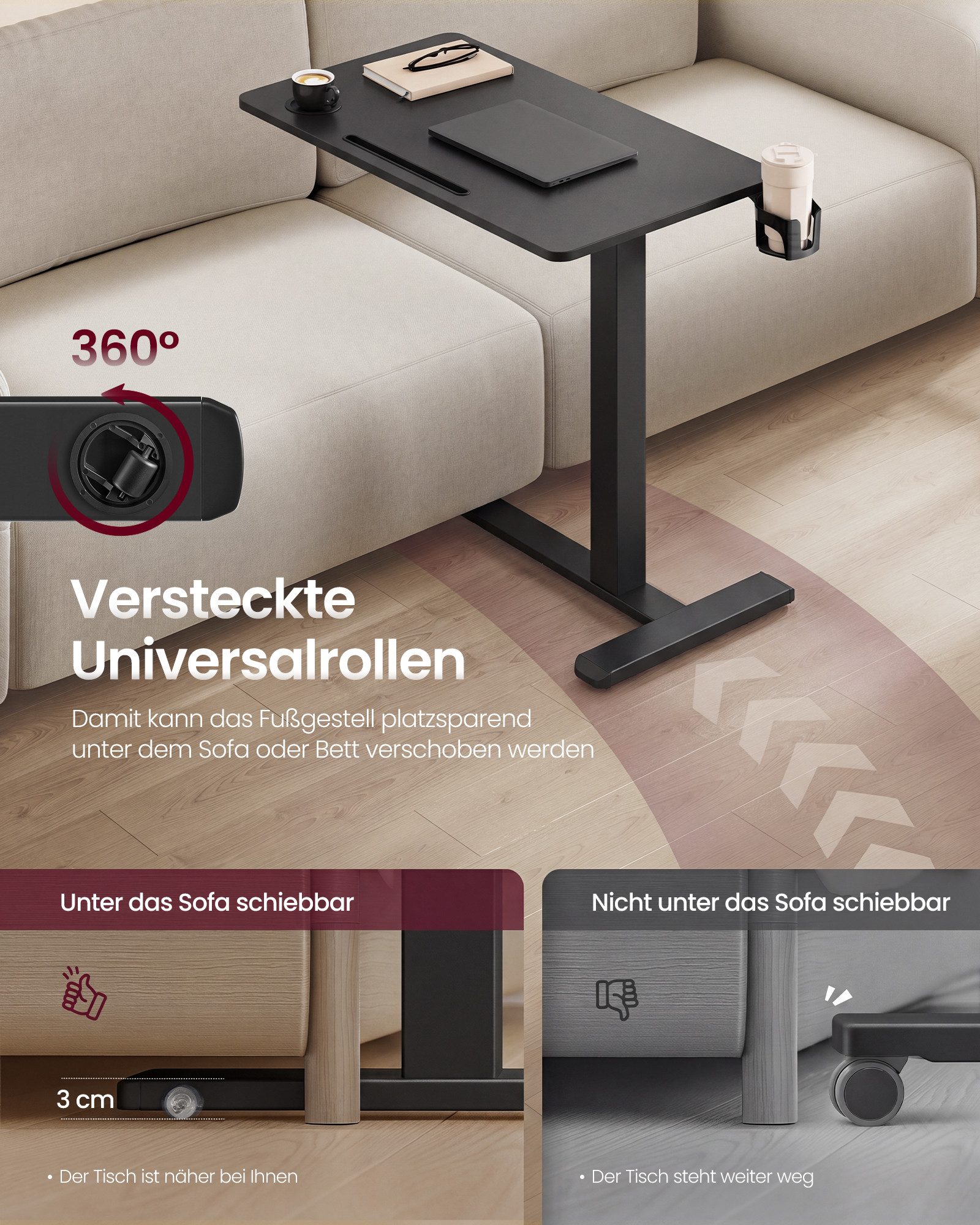 VASAGLE Schreibtisch Beistelltisch mit Rollen, mobiler Stehtisch, 80 x 45 cm große Tischplatte, mit Rollen, 2 Getränkehalter, Schlitz – Bild 3 von 5