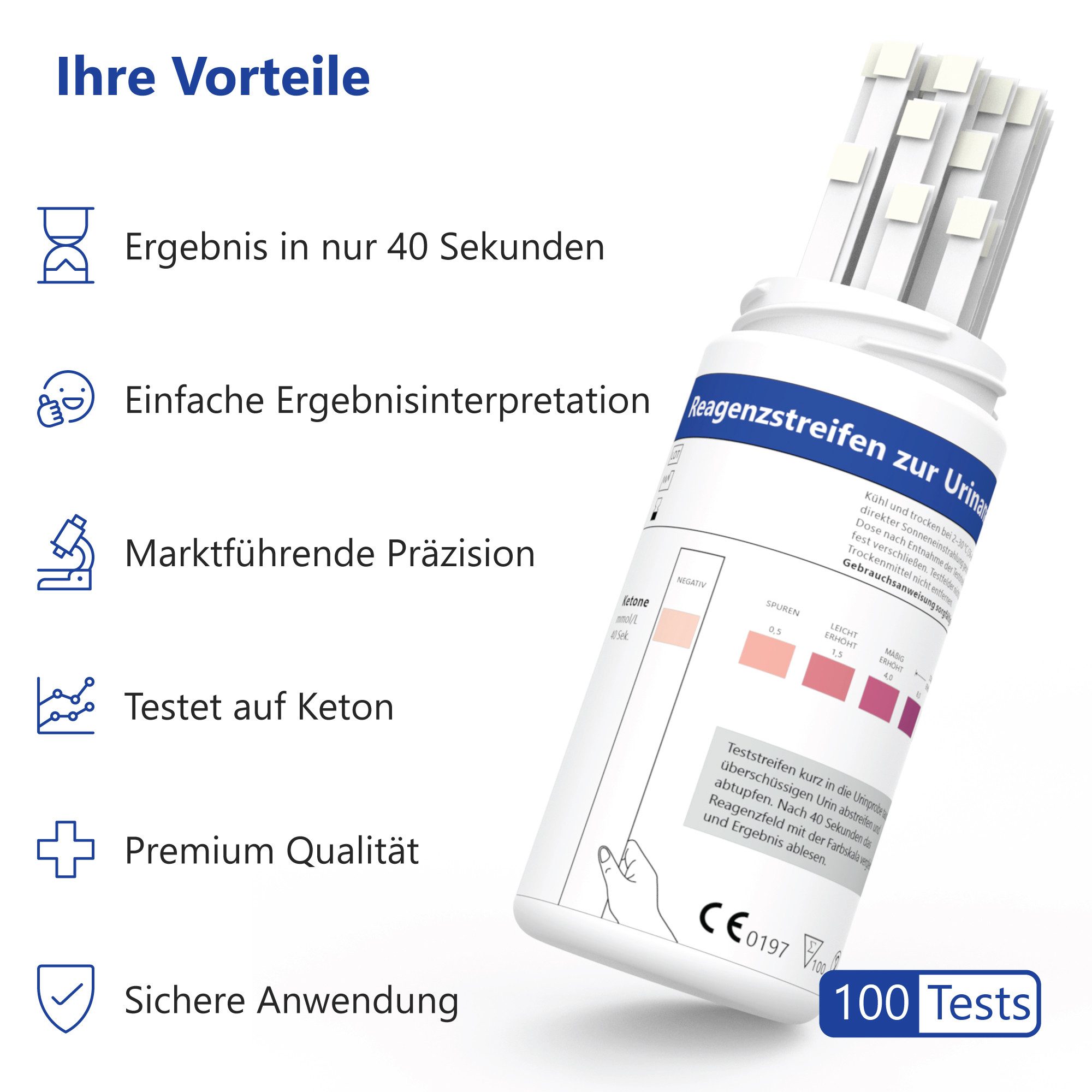 LuxmedIQ Keton-Teststreifen - präziser Keto Test im Urin, 100-St., Zur Überwachung der Ketose bei Keto Ernährung oder Diät