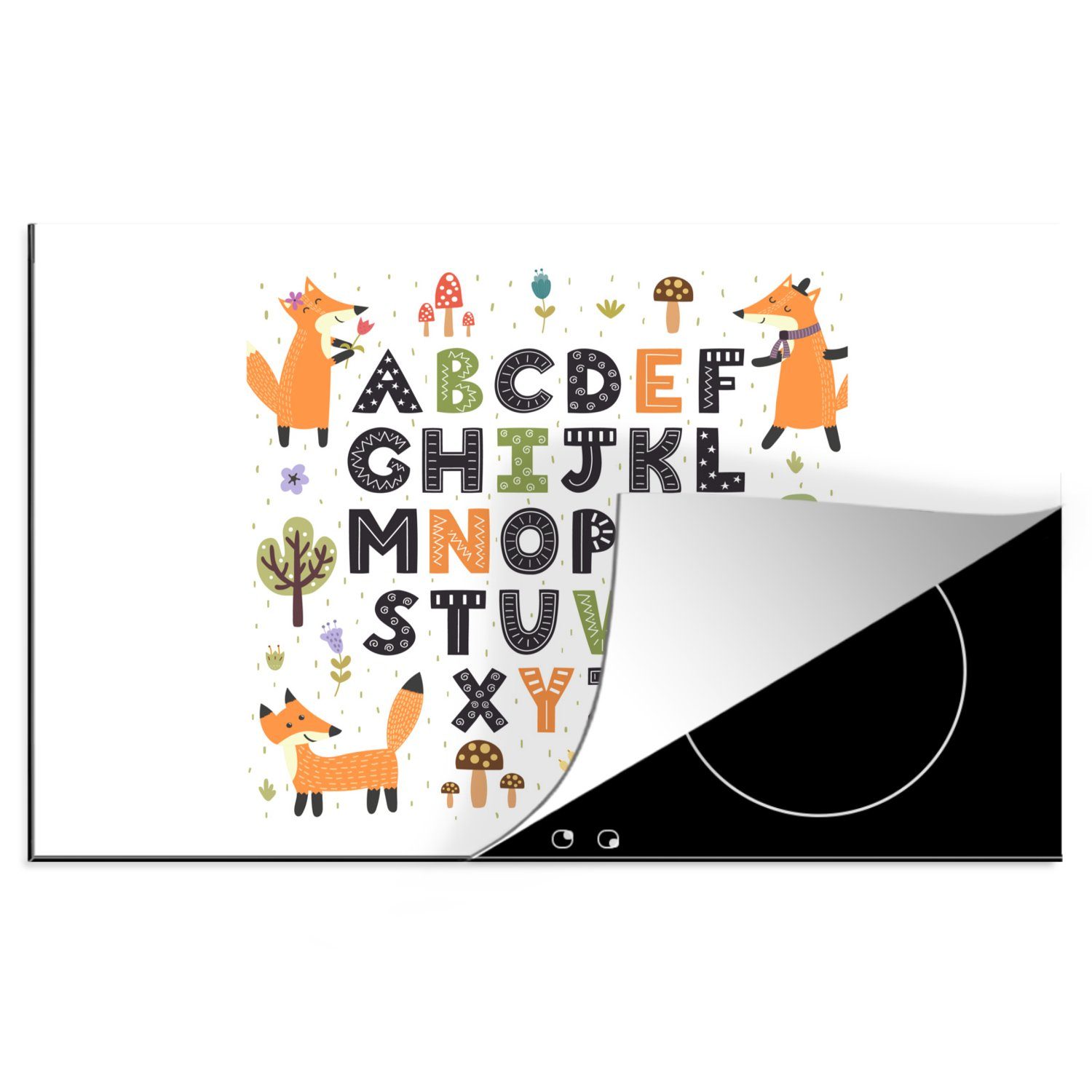 MuchoWow Herdblende-/Abdeckplatte Illustration Alphabet mit Füchsen, Vinyl, (1 tlg), 81x52 cm, Induktionskochfeld Schutz für die küche, Ceranfeldabdeckung