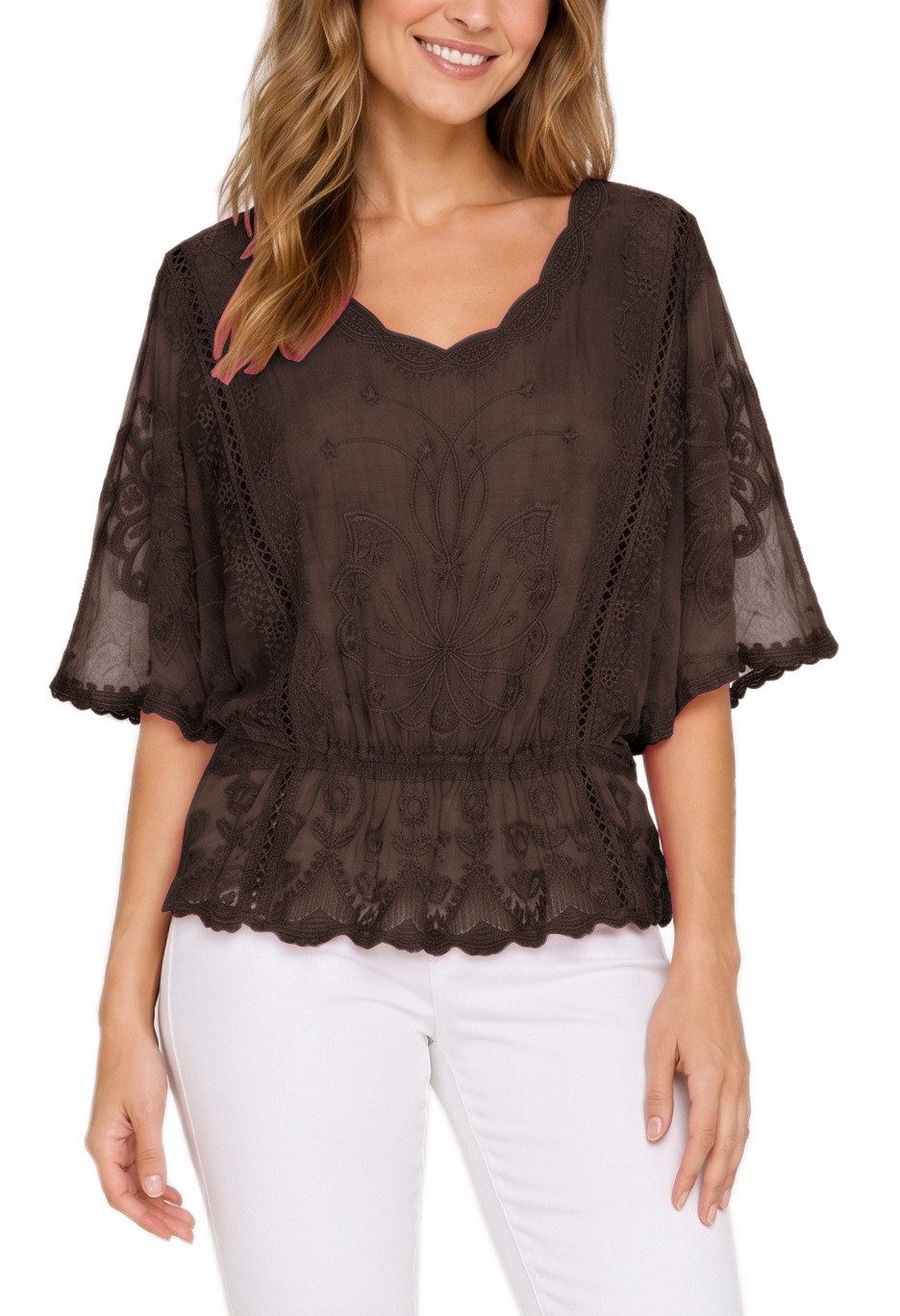 dy_mode Spitzenbluse Damen Sommerbluse mit Spitze Kurzarm Oberteil Einfarbig Transparent in Unifarbe, transparenten Ärmel