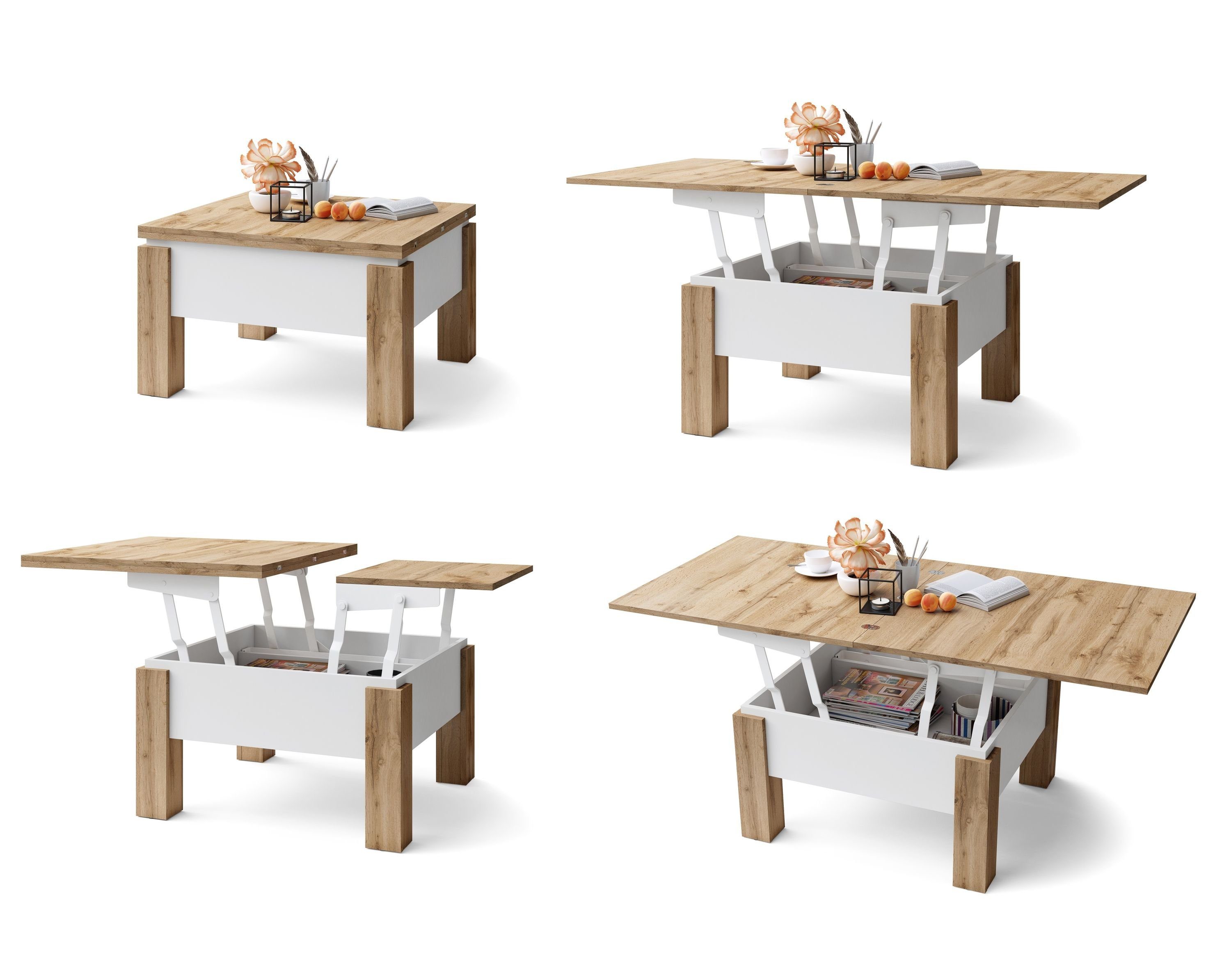 designimpex Couchtisch Design Couchtisch Tisch aufklappbar Oslo Esstisch Wotan Weiß matt höhenverstellbar - Eiche