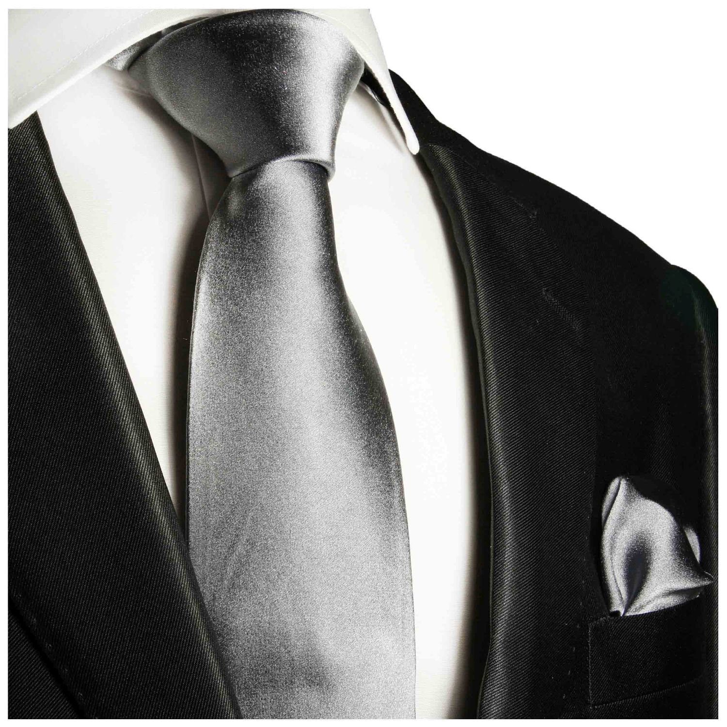 Paul Malone Krawatte Herren Seidenkrawatte Schlips mit Tuch modern uni satin 100% Seide (Set, 2-St., Krawatte mit Einstecktuch) Schmal (6cm), silber 360