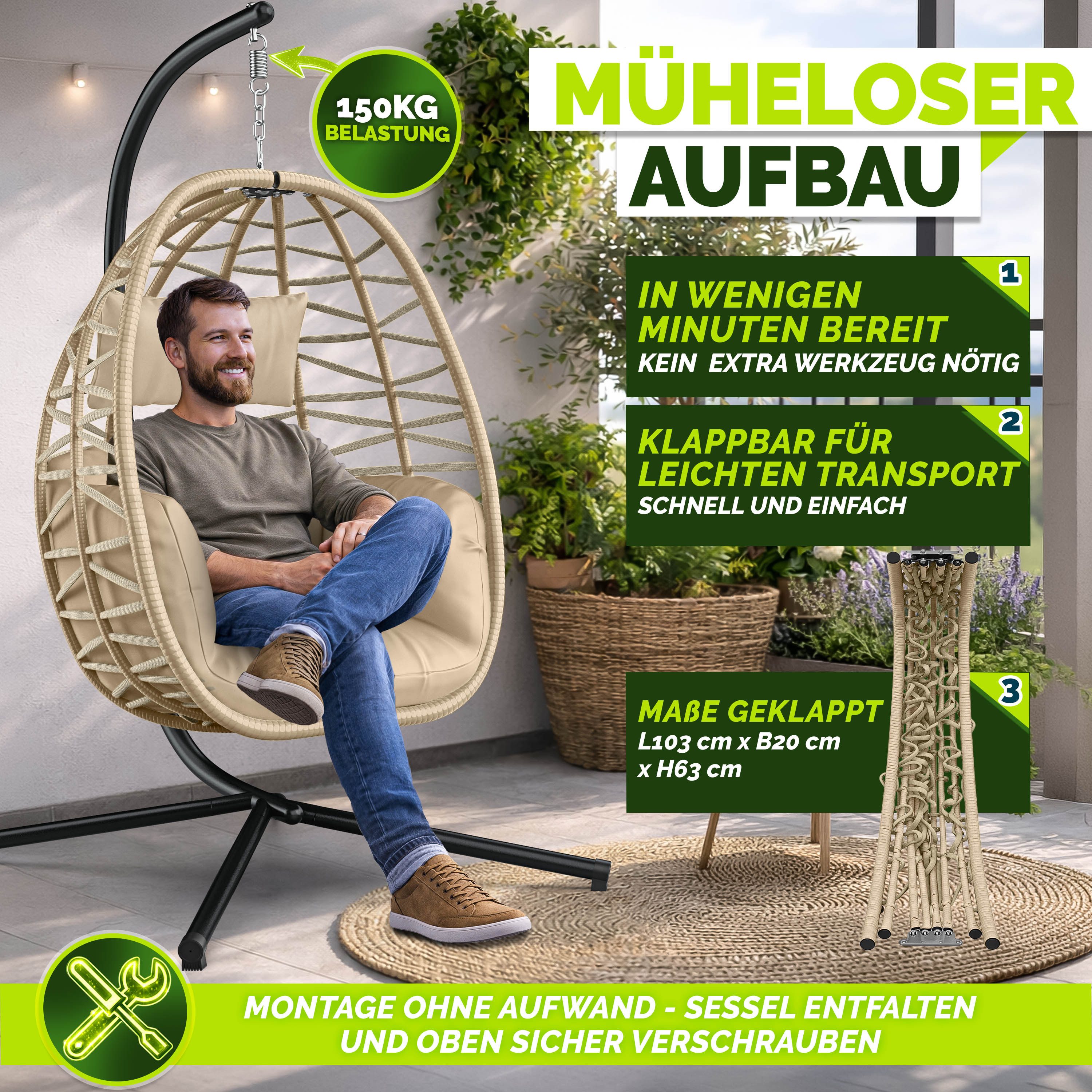 tillvex Hängesessel tillvex® Swivo Hängesessel mit Gestell inkl. wetterfester Abdeckung (Hängekorb klappbar bis 150 kg, Hängesitz aus Rattan, Hängestuhl für Ind – Bild 4 von 5