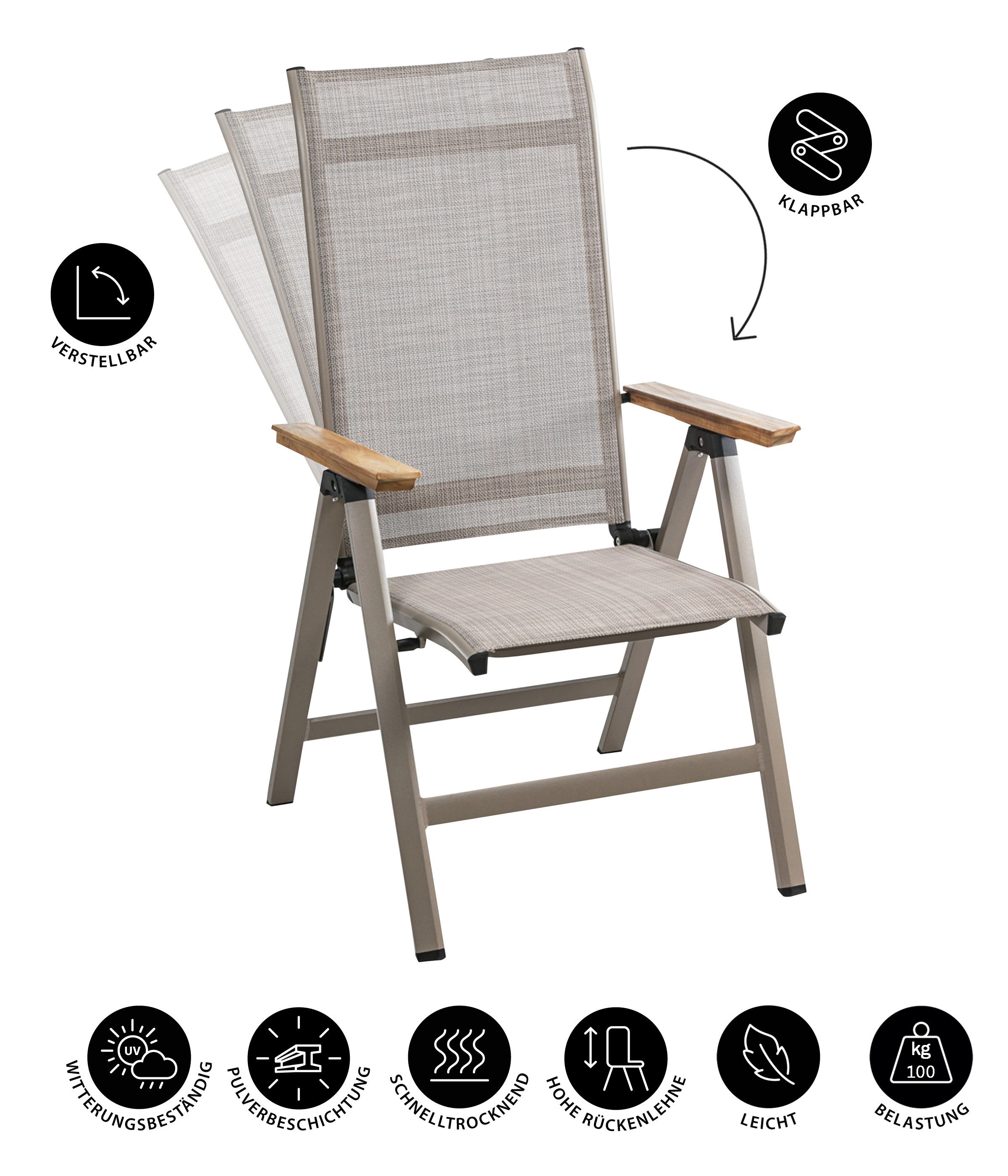 Dehner Gartenstuhl Klappsessel Cleveland, 109 x 60 x 66.5 cm, hellbraun, klappbarer Hochlehner mit Aluminiumgestell