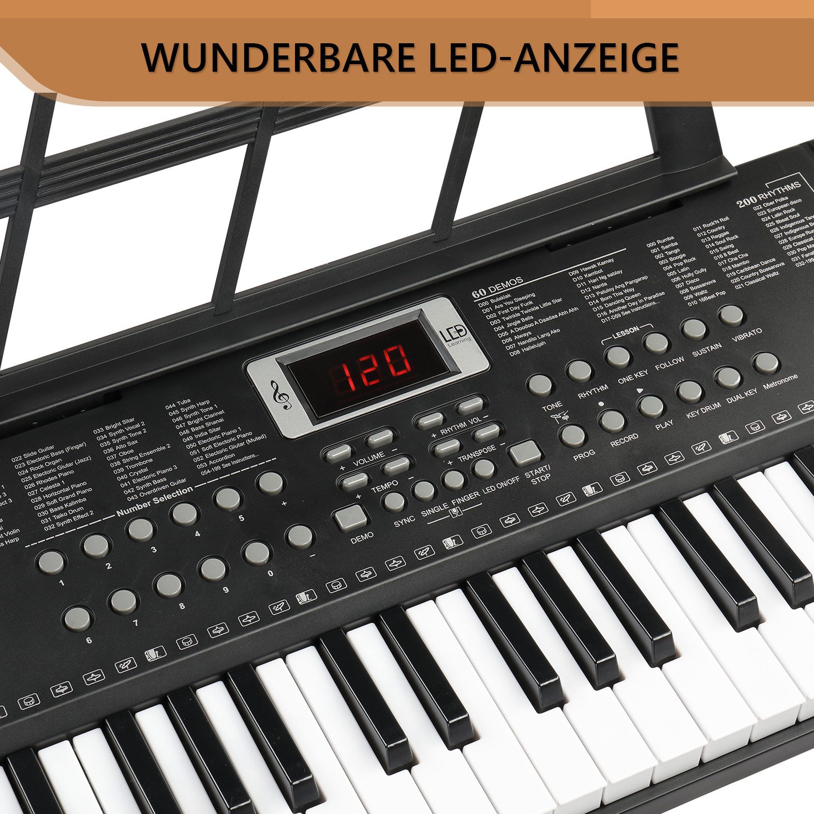 VINGLI Digitalpiano 61-Tasten Keyboard Piano Set mit Klavierständer, Klavierhocker, tragbar, LED-Bildschirm, 3 Lehrmodi, Schwarz/Weiß/Rosa – Bild 5 von 5