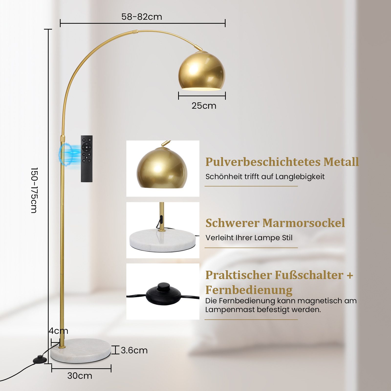 Jibenhome Stehlampe Wohnzimmer Dimmbar Gold, 3 Lichtmodi, Höhenverstellbare, Fußschalter, Speicherfunktion, Timer, Bogenlampe, Mit LED-Glühbirne