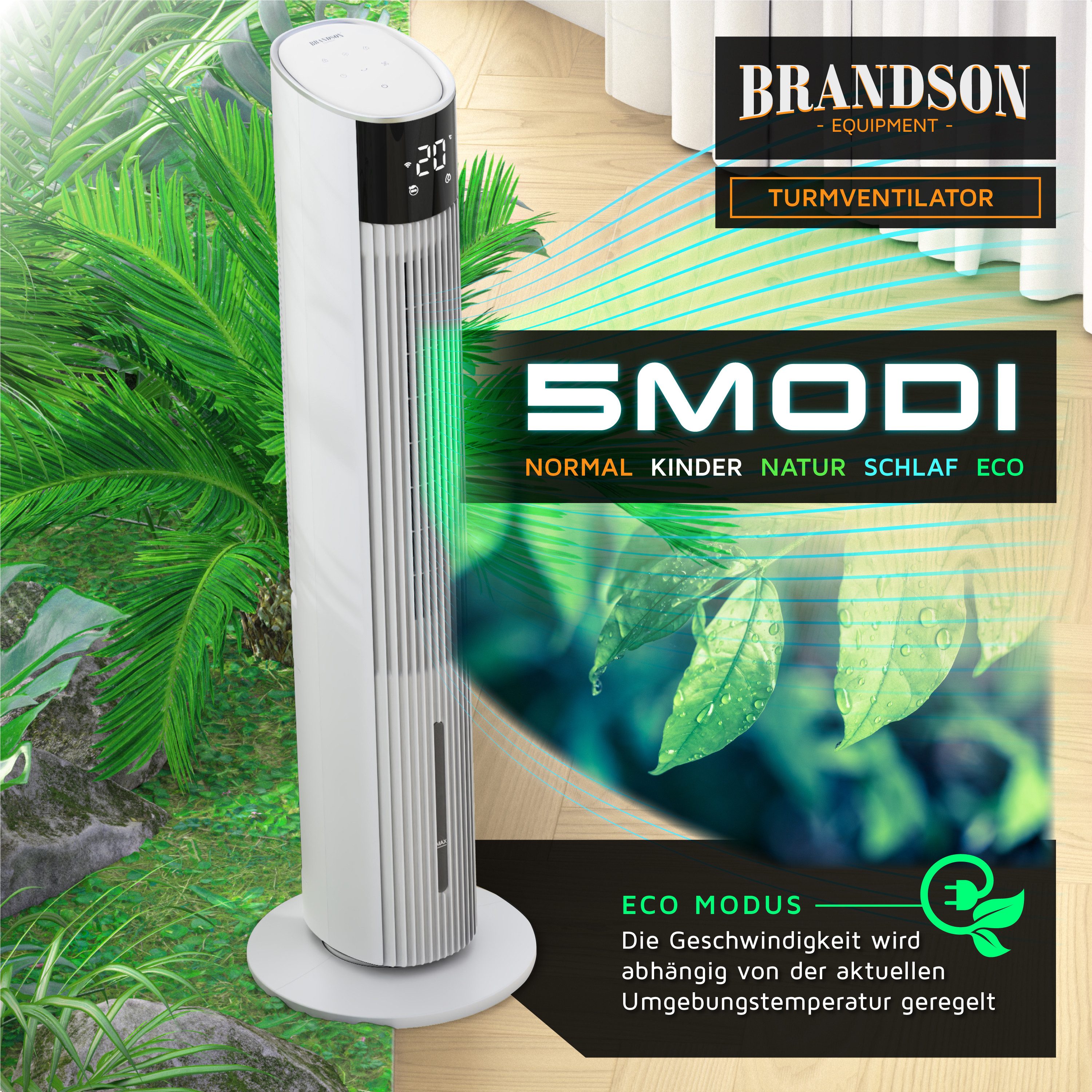 Brandson Ventilatorkombigerät 3,5L Wassertank, mobiler Luftkühler mit Wasserkühlung, Klimagerät, 60W, WIFI Luftbefeuchter, Verdunstungskühler, ECO DC-Motor, Turmventilator