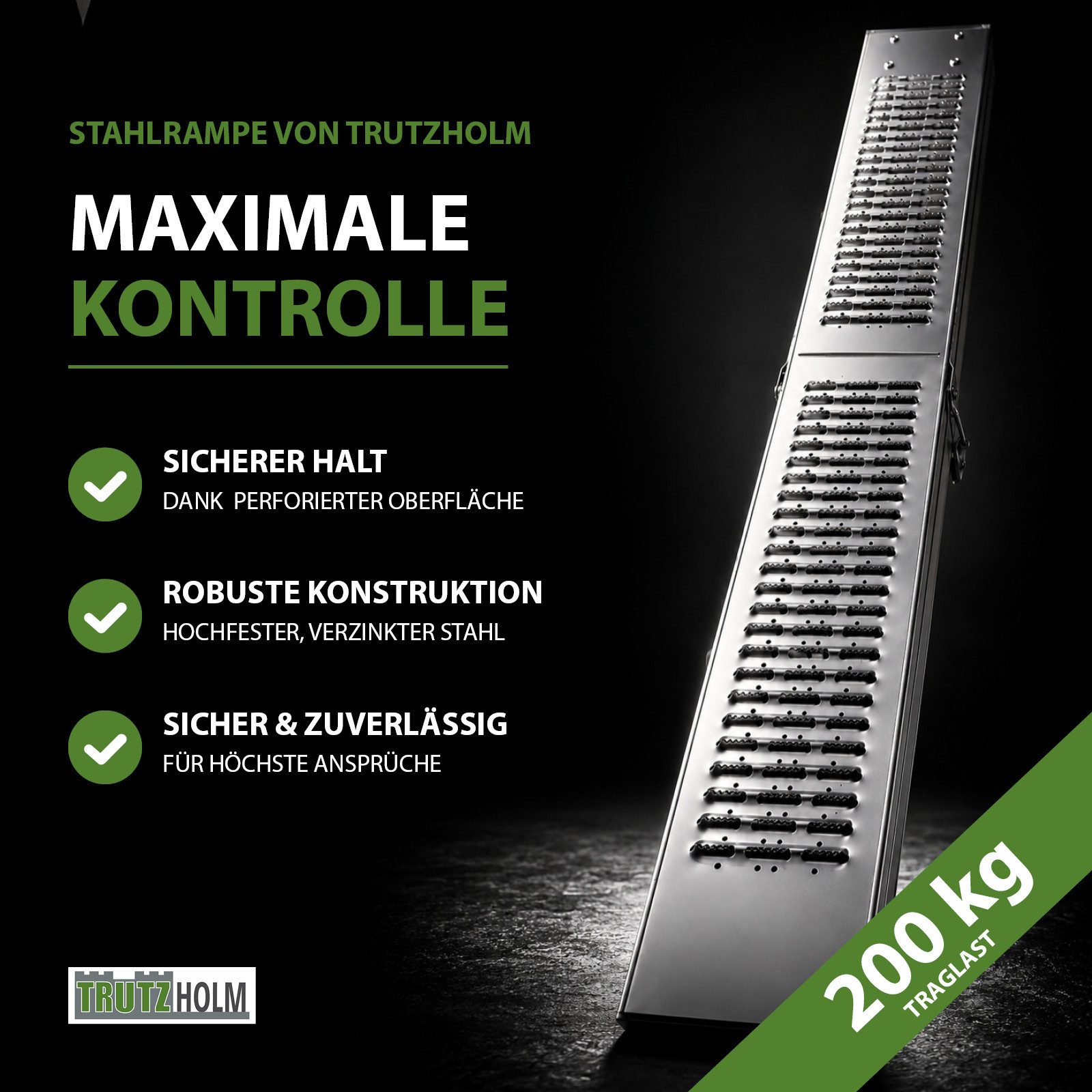 TRUTZHOLM Auffahrrampe klappbar 189 cm Stahl Traglast 200 kg Tragegriff leichte Verladerampe (Stück, 1-St), robuster Srahl,geriffelte Oberfläche,klappbar
