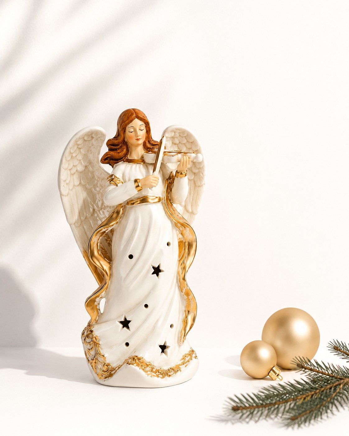 Wurm Engelfigur Deko Engel mit Geige aus Porzellan Weiß Gold 18 cm Weihnachtsfigur