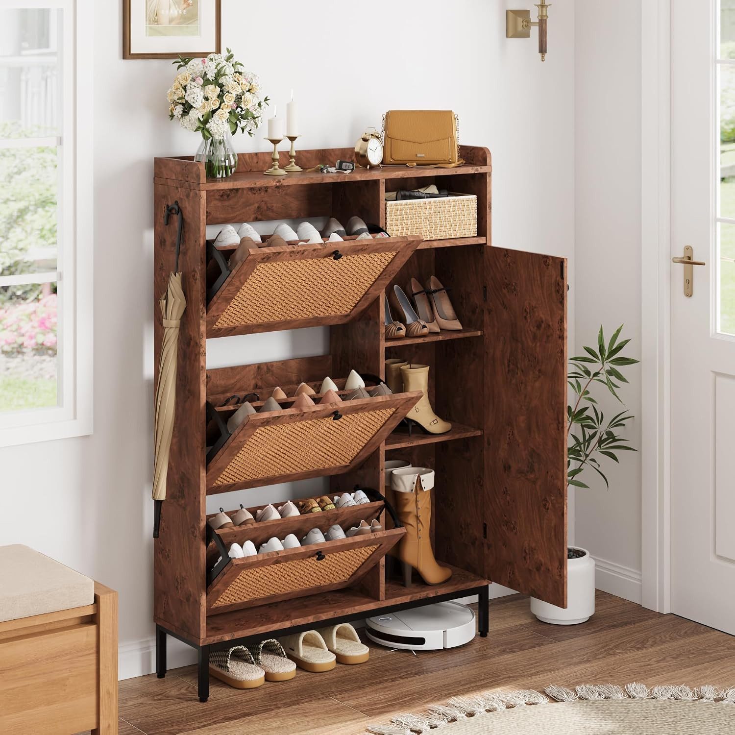 GarveeMore Schuhschrank aus Rattan mit 3 Klappschubladen und 4-stufiger Schuhschrank Schuhschrank mit verstellbaren Regalen für Eingang,Flur,Wohnzimmer