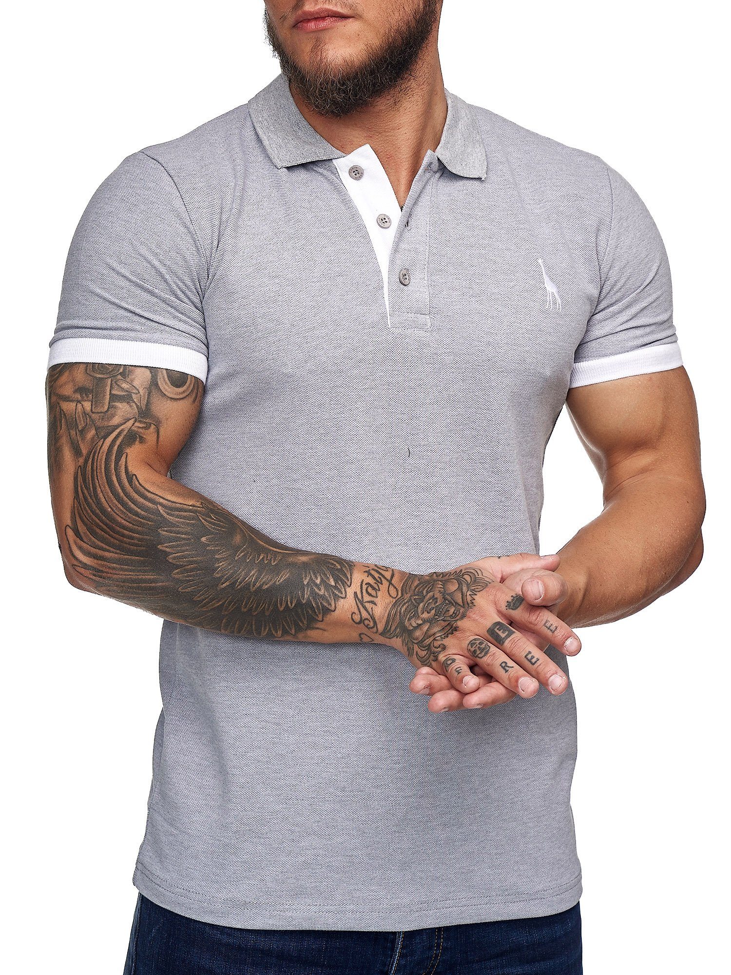 John Kayna T-Shirt Herren T-Shirt Poloshirt Shirt Kurzarm Printshirt Polo Kurzarm 1404C (Shirt Polo Kurzarmshirt Tee, 1-tlg) Fitness Freizeit Casual Grau