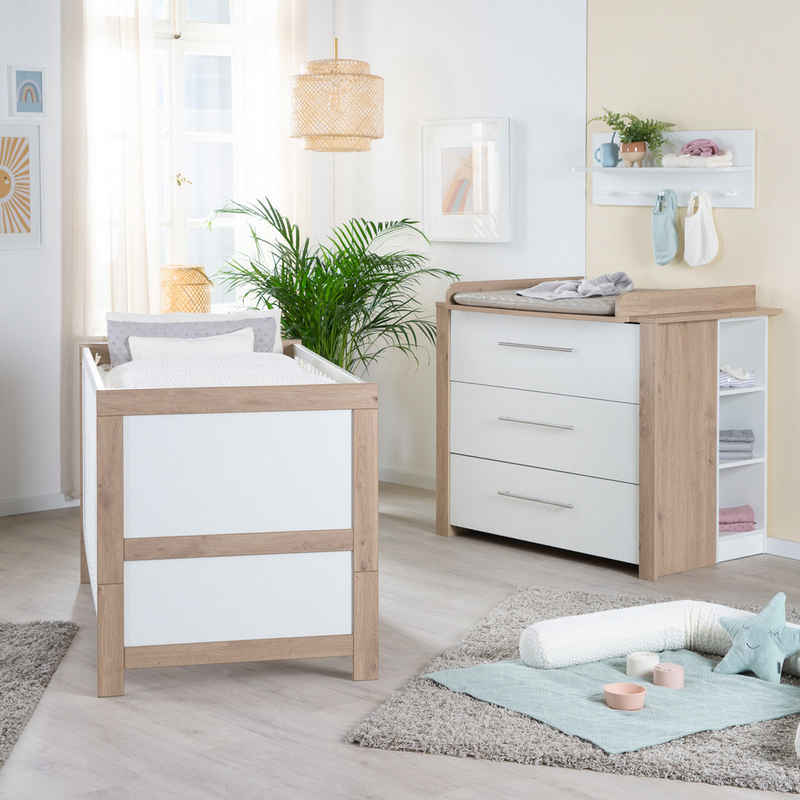 roba® Babymöbel-Set Malo - modernes Kinderzimmer, weiß lackiert / Artisan Eiche, (Spar-Set 2-teilig, Babybett 70x140 cm höhenverstellbar, Schlupfsprossen & Wickelkommode), Babyzimmer aus Holz mit Metallgriffen