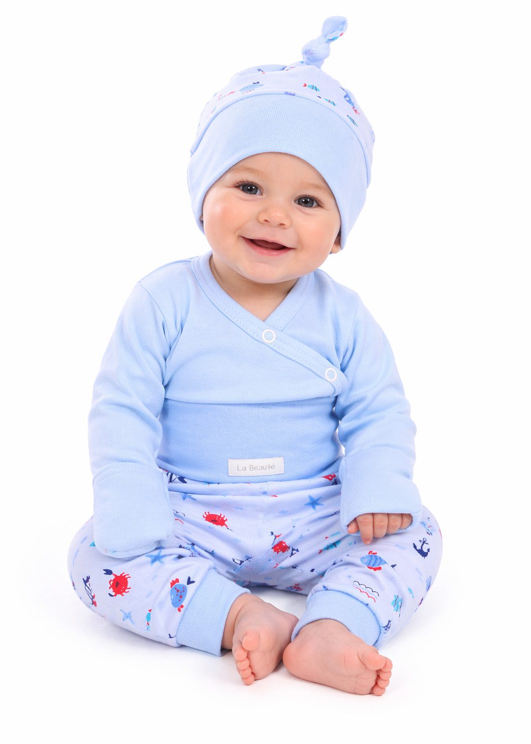 Body & Hose Baby Anzug Erstlingsset Wickelbody mit Kratzschutz Hose Mütze