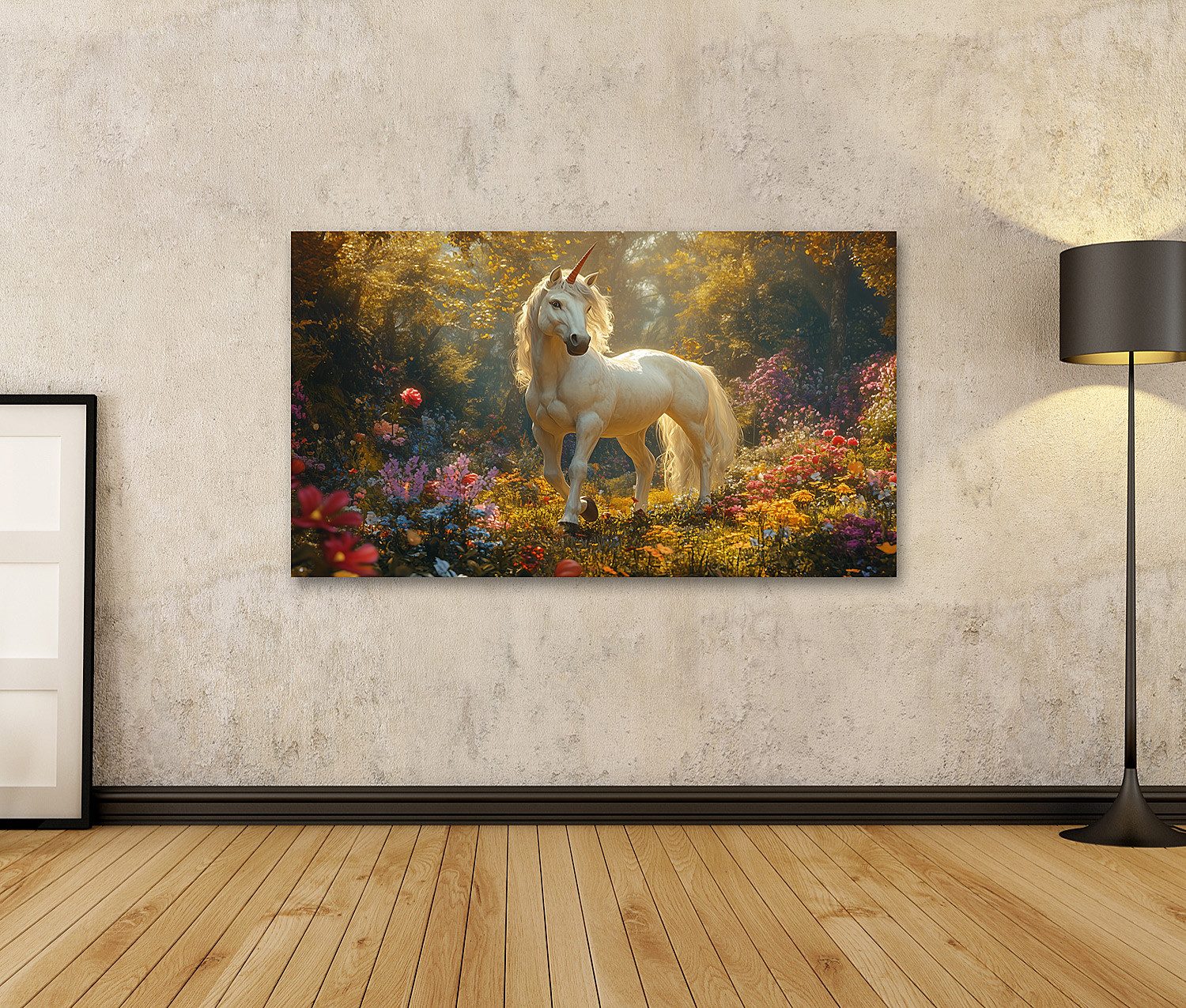 islandburner Leinwandbild Einhorn im verzauberten Blumengarten günstig online kaufen