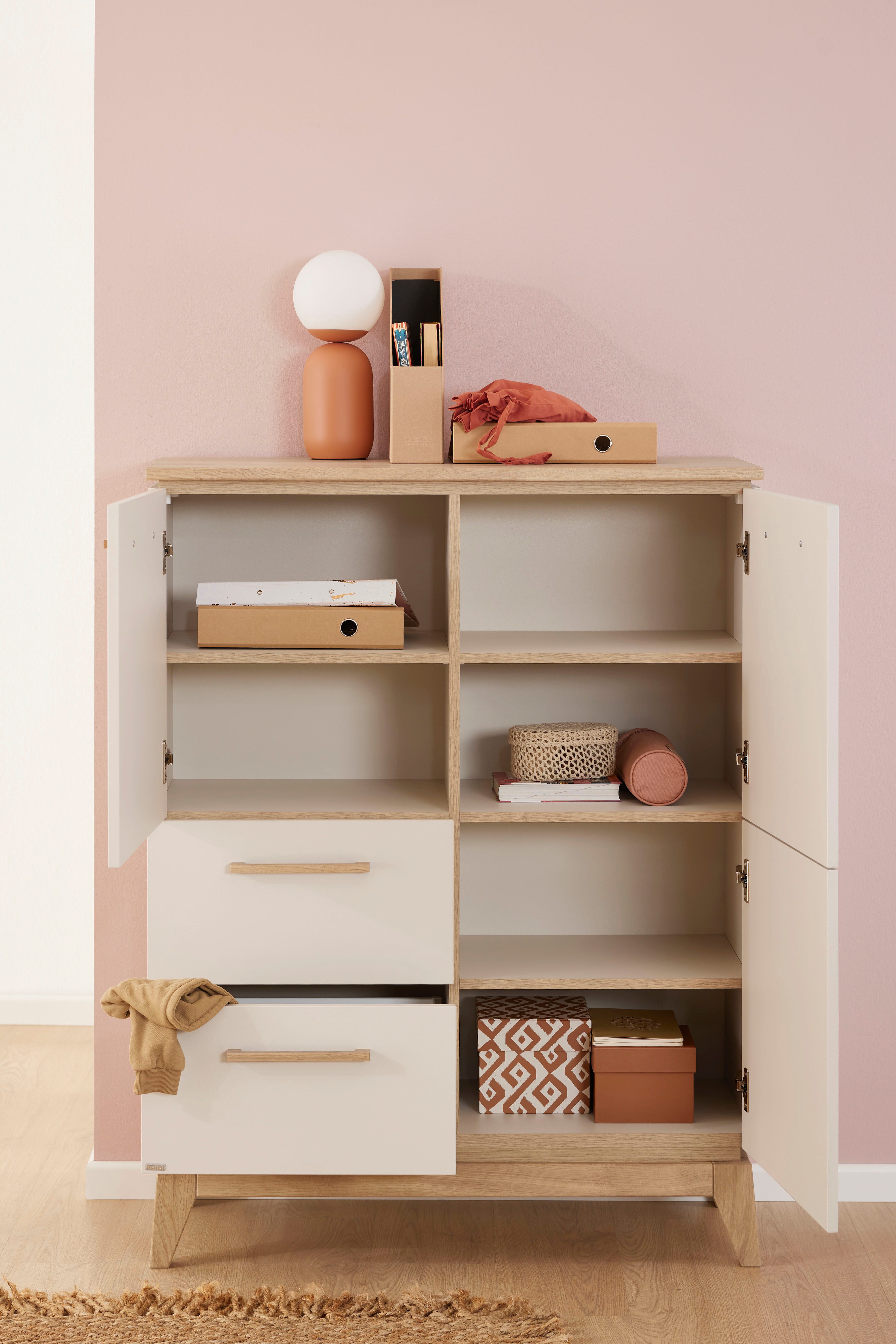 PAIDI Highboard STIENE in Beige oder Grau, 2 Schubladen und 2 Türen mit Soft-Close (B/H/T ca. 95/123/40cm), stabiles Regal mit Massivholz, Standregal, geprüfte Qualität
