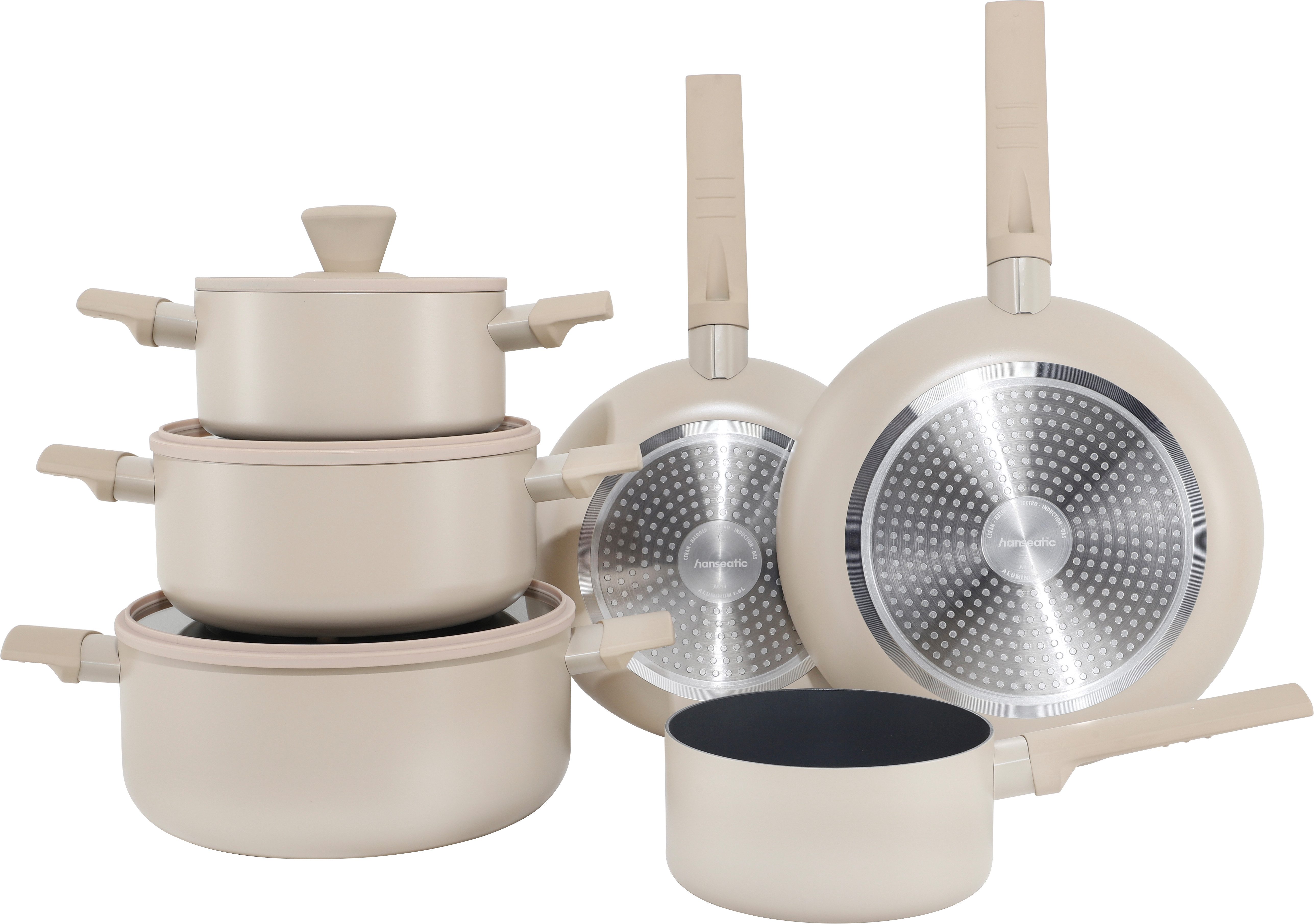 Hanseatic Topf-Set ALU SCANDI, mit Antihaftbeschichtung, Aluminium (Set, 9-tlg., Stielkasserolle 16 cm, Kochtopf 16/20/24 cm, Bratpfanne 24/28 cm), für alle Herdarten geeignet