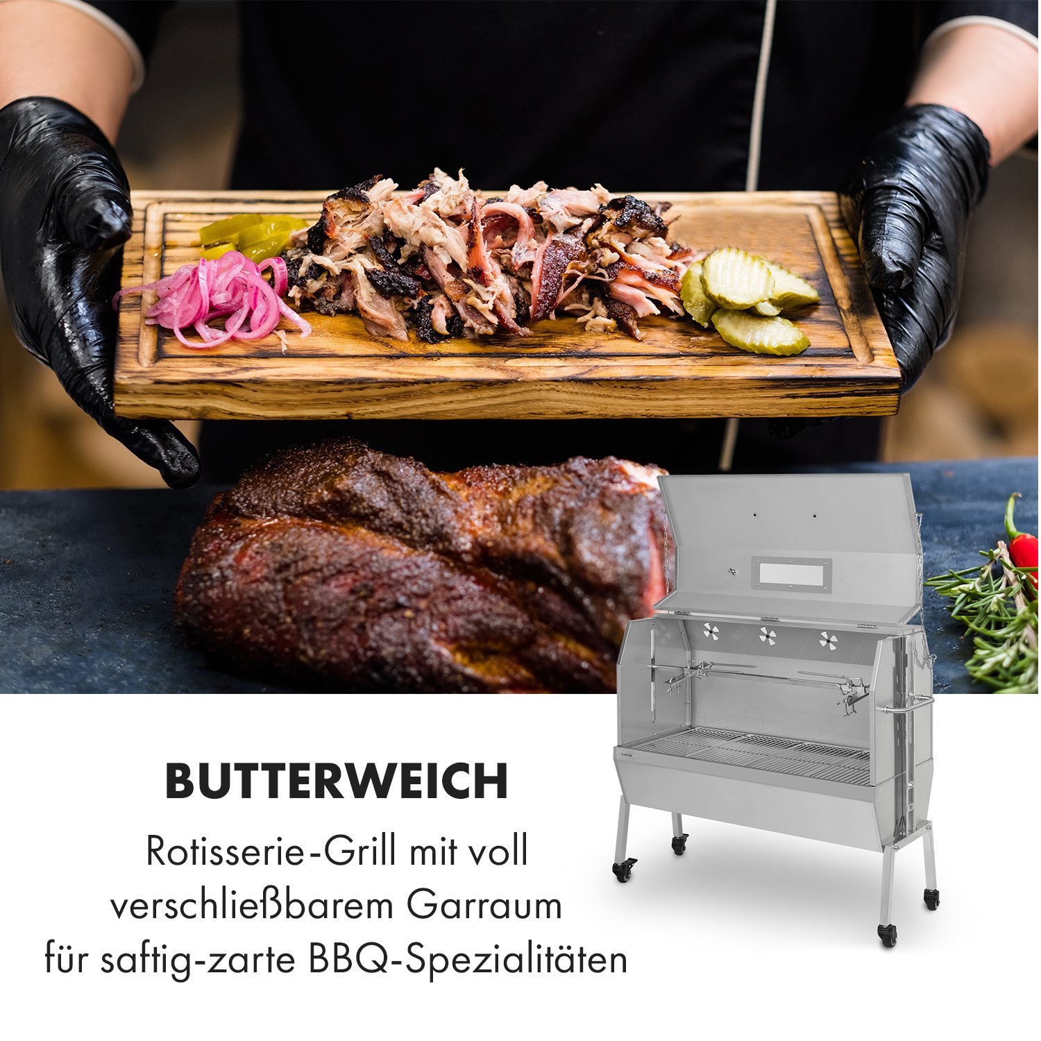 Klarstein Holzkohlegrill Sauenland Pro XL, Set, Grillspieß mit Motor Grill Drehspieß mit Motor Spanferkel Grill
