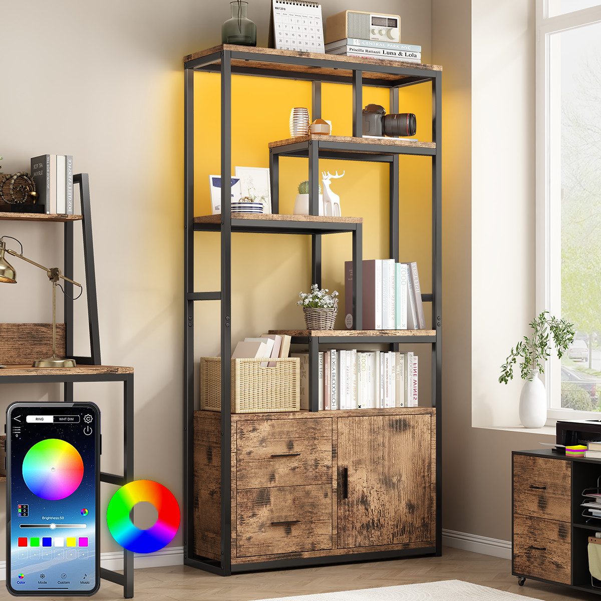 Mihtrov Bücherregal Standregal, Bücherschrank mit LED-Beleuchtung, 1-tlg., mit 5 offenen Полиціbenen, 2 Schubladen, 1 Schrank, 30x 80x174cm