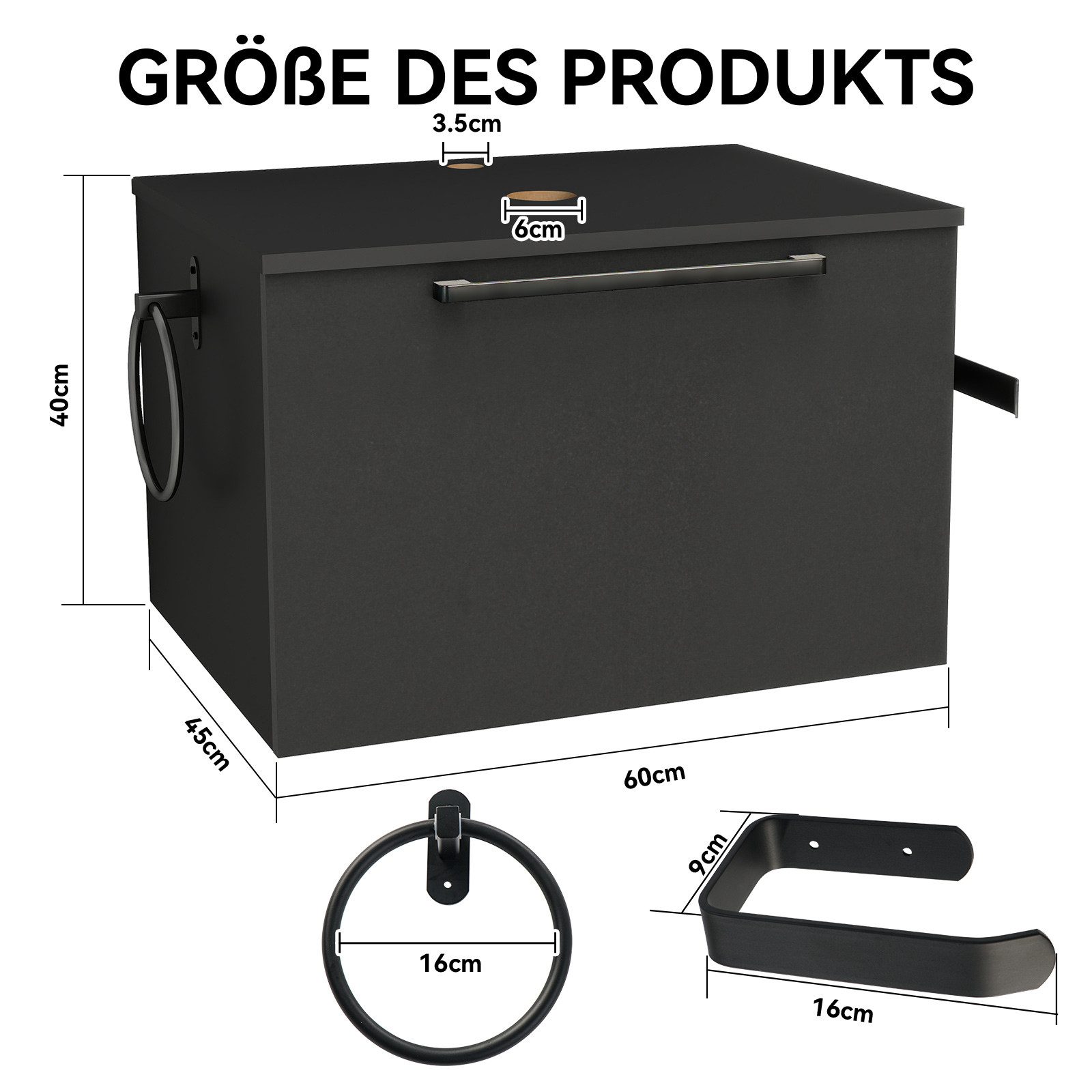 Puluomis Waschbeckenunterschrank 60cm mit 1 Handtuchring 1 Klopapierhalter ohne Spiegel (Set, Unterrschrank/ Wandschrank, Unterschrank, Waschbecken Set) Schwarz – Bild 5 von 5