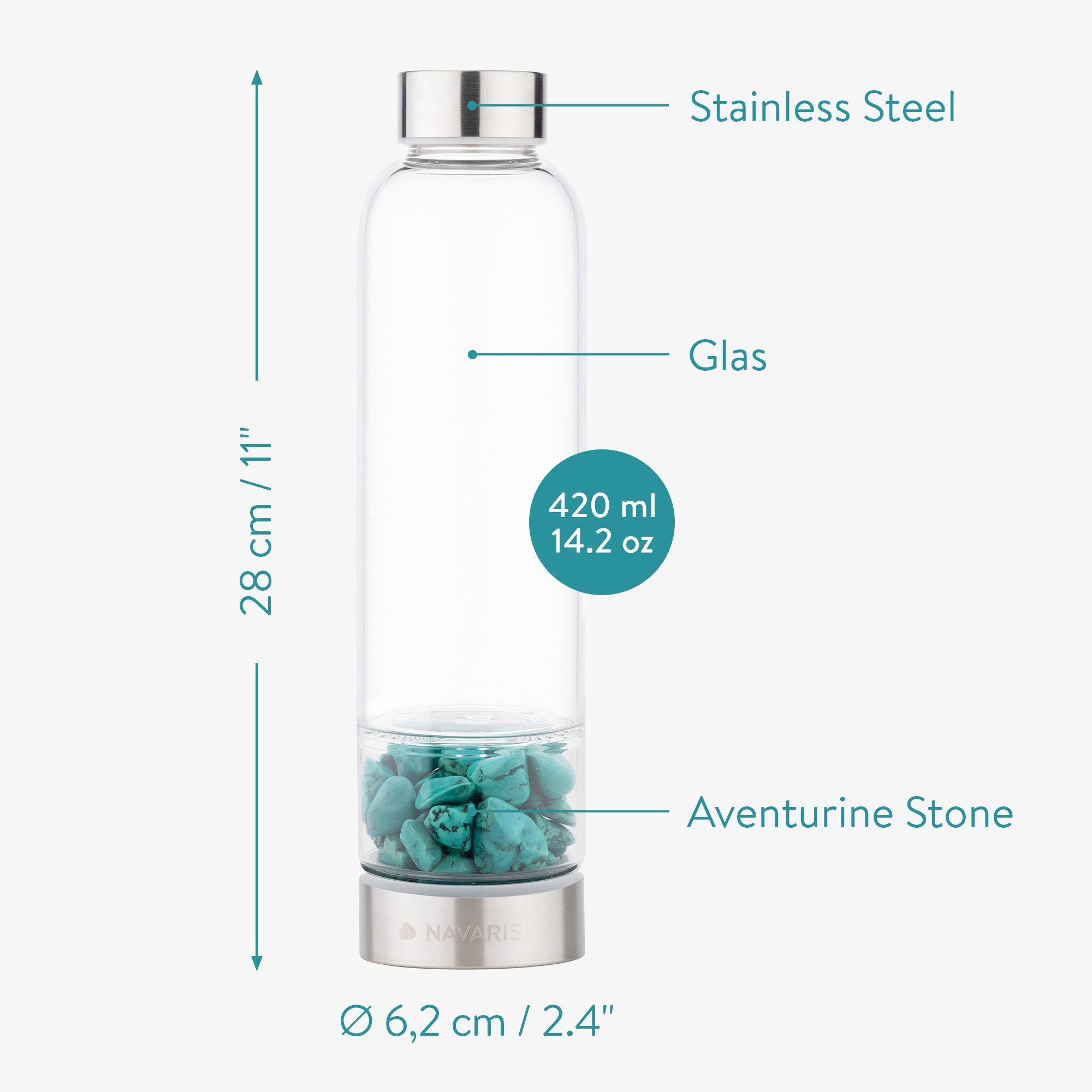 Navaris Trinkflasche Wasserflasche und Mineralstein Neoprenhülle 420ml mit