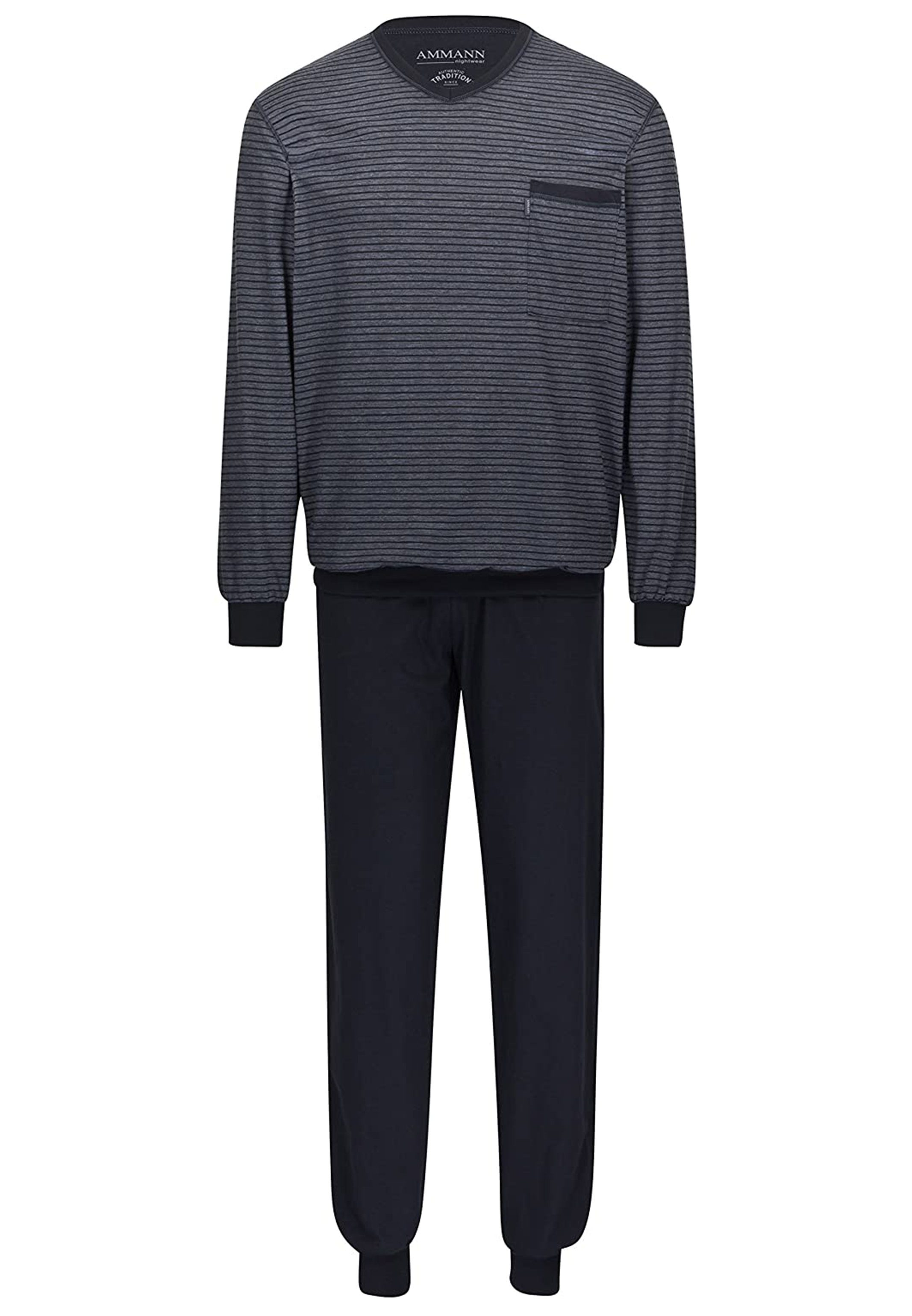 Ammann Pyjama Basic (Set, 2 Langarm Anthrazit Mit Beinen Baumwolle - tlg) Schlafanzug Bündchen an Ärmeln und 