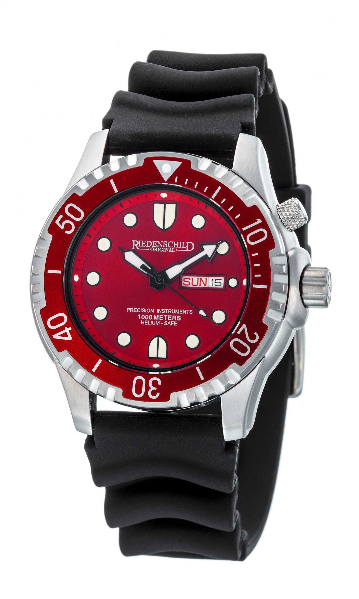 Riedenschild Taucheruhr RS8000-09, Rot, 100 ATM Wasserdicht, 46 mm, Silikon- & Edelstahlband, Heliumventil, Robuste Herren Armbanduhr für Tauchen und Sport
