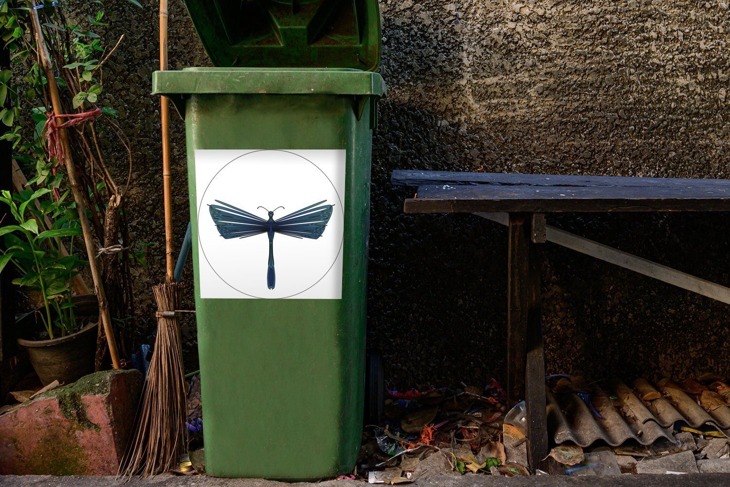 Container, blauen MuchoWow (1 Mülleimer-aufkleber, Mülltonne, Eine einer Abfalbehälter Illustration Sticker, Libelle Wandsticker St),