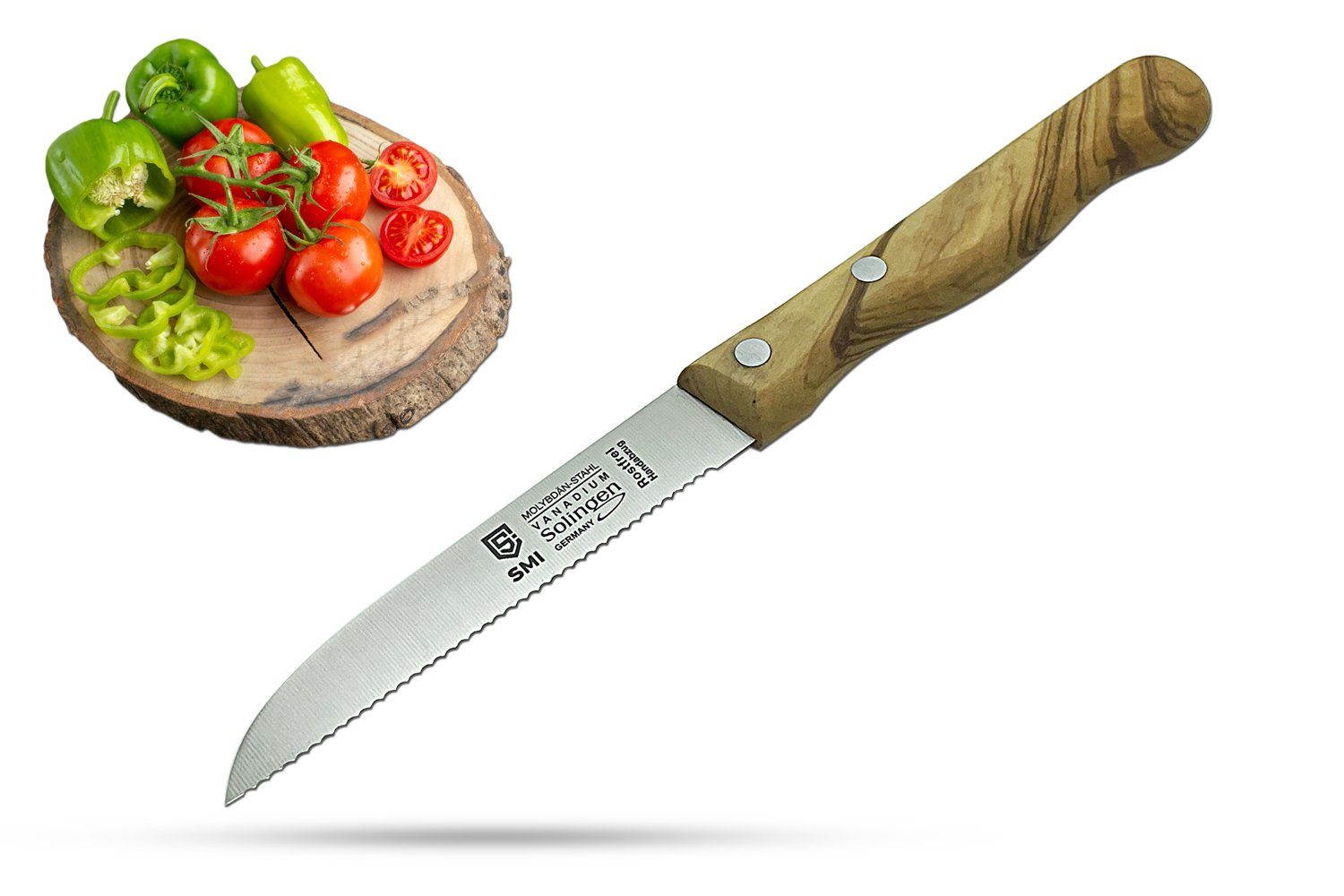 SMI Tomatenmesser Solingen Olivenholz Wellenschliff Gemüsemesser Obstmesser