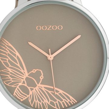 OOZOO Quarzuhr Oozoo Damen Armbanduhr beige, Damenuhr rund, extra groß (ca. 48mm) Lederarmband, Fashion-Style