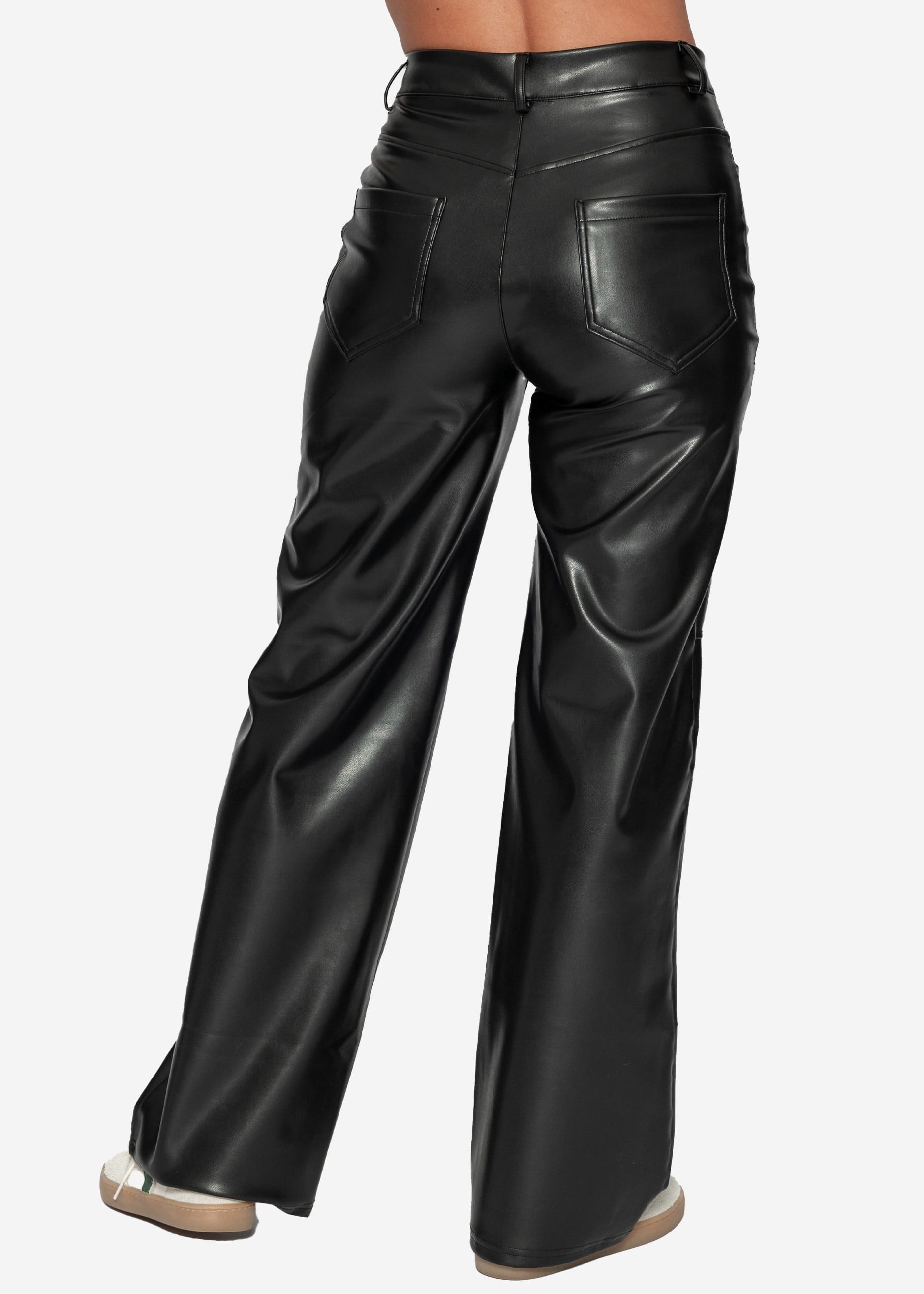SASSYCLASSY Lederimitathose Straight-Fit Thermo Hose Damen aus Kunstleder Therno Kunstlederhose mit Knopf und Reißverschluss Schwarz – Bild 4 von 5