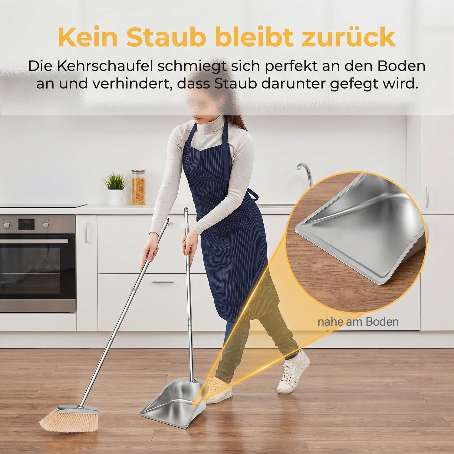AKKEE Kehrgarnitur mit stiel und langen Griff Kehrbesen Kehrschaufel Se, Edelstahl
