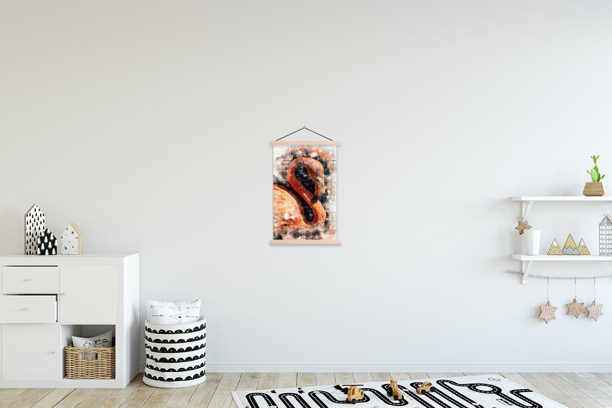 MuchoWow Poster Flamingo - Sterne - Zeitung, (1 St), Posterleiste, Textilposter für Wohnzimmer, Bilderleiste, Magnetisch