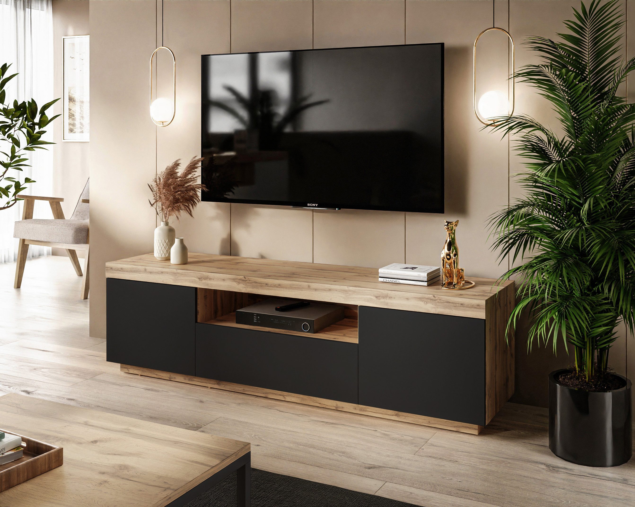 Lookway TV-Schrank YOSHI auf Sockel und Schublade im Industrial Design Brei günstig online kaufen