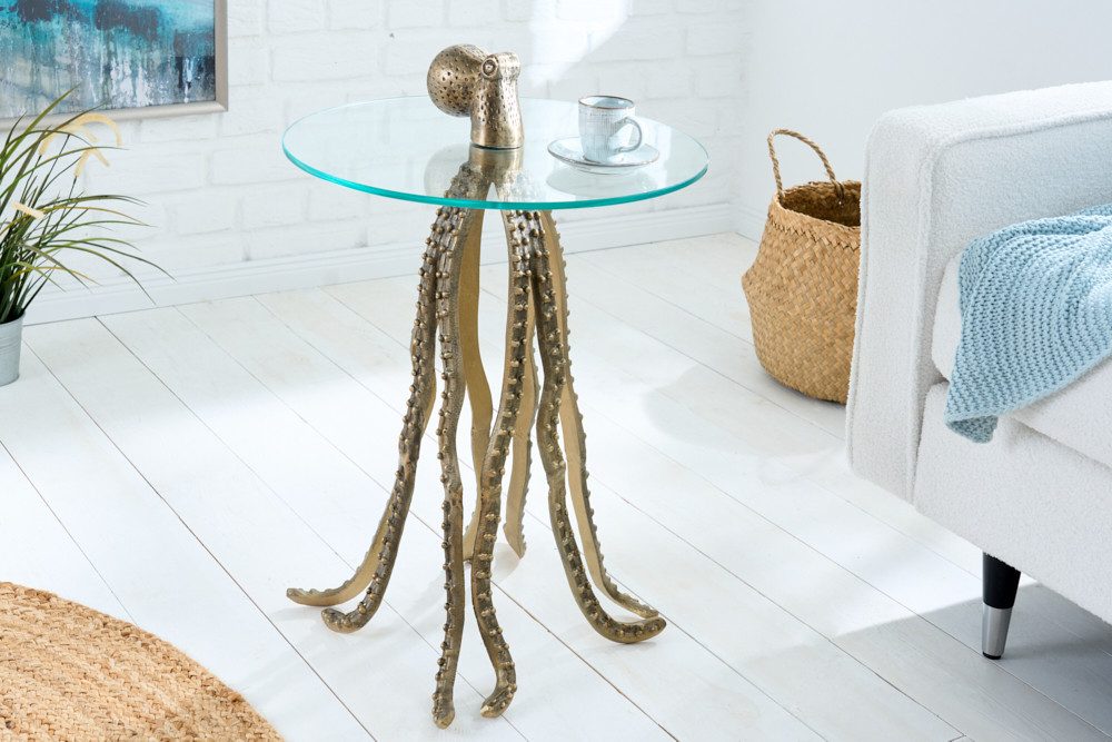 riess-ambiente Beistelltisch WILDLIFE OCTOPUS 70cm messing gold / transparent (Einzelartikel, 1-St), Wohnzimmer · Glas · Metall · rund · Skulptur · Maritim · Design