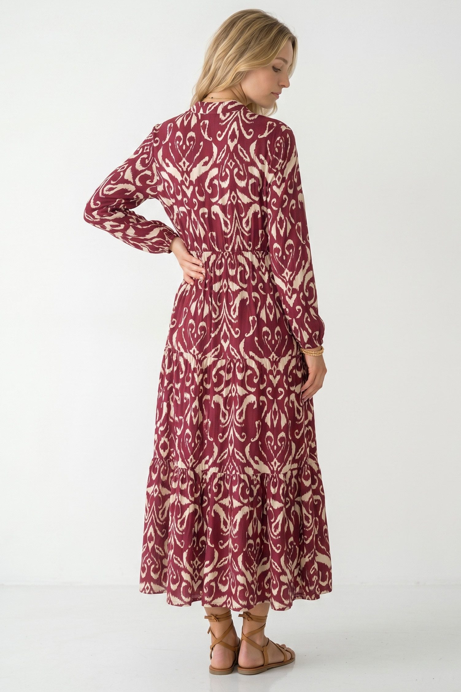 Kendindza Collection Sommerkleid Sommerkleid Damen Lang Viskose Elegantes Maxikleid lang Maxi Kleid Ikat-Print Knopfleiste & Schnurbund, Luftig Leicht