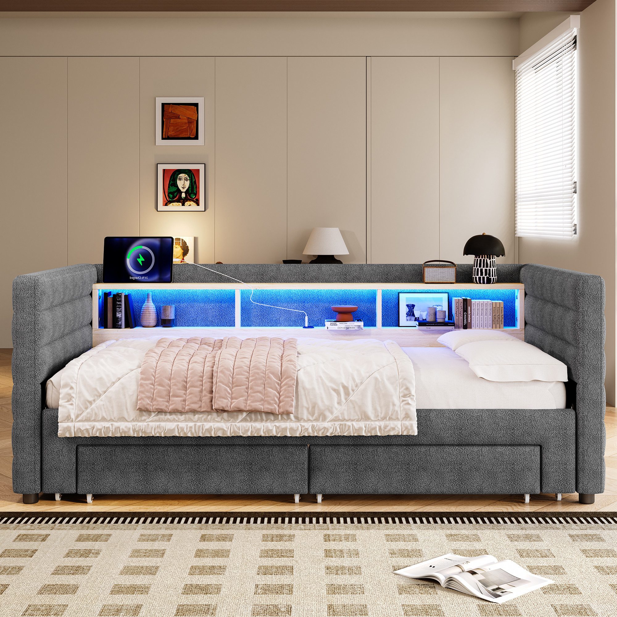 Merax Daybett mit LED- Beleuchtung, USB & Typ-C (Schlafsofa Sofabett Kinderbett Jugendbett, 1 tlg), Tagesbett 90x190cm mit Ausziehbett, 2 Schubladen & Ablagefach, Samt
