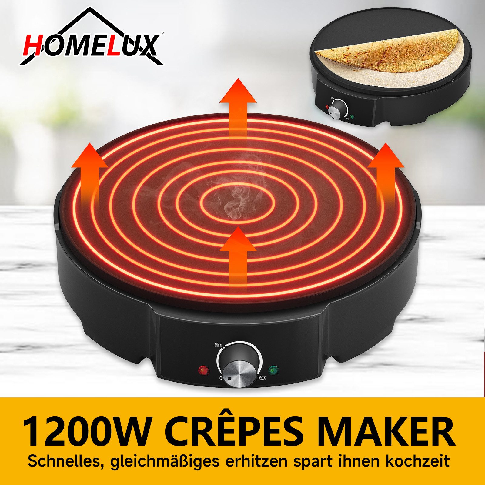 HOMELUX Crêpesmaker 1200 W, Ø 30 cm, inkl. Teigverteiler & Crêpes-Wender, 1200,00 W, Ø 30,00 cm, Temperaturregler, Antihaftbeschichtet