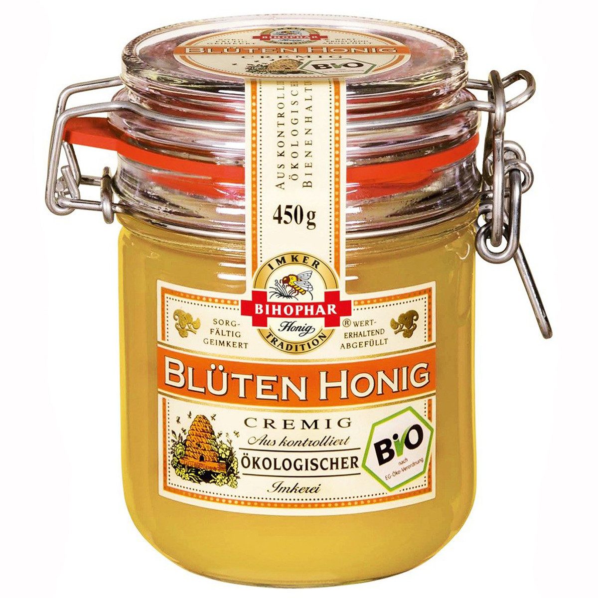 BIHOPHAR Honig, Bihophar Bio Blütenhonig feincremig goldgelb in der Farbe 450g