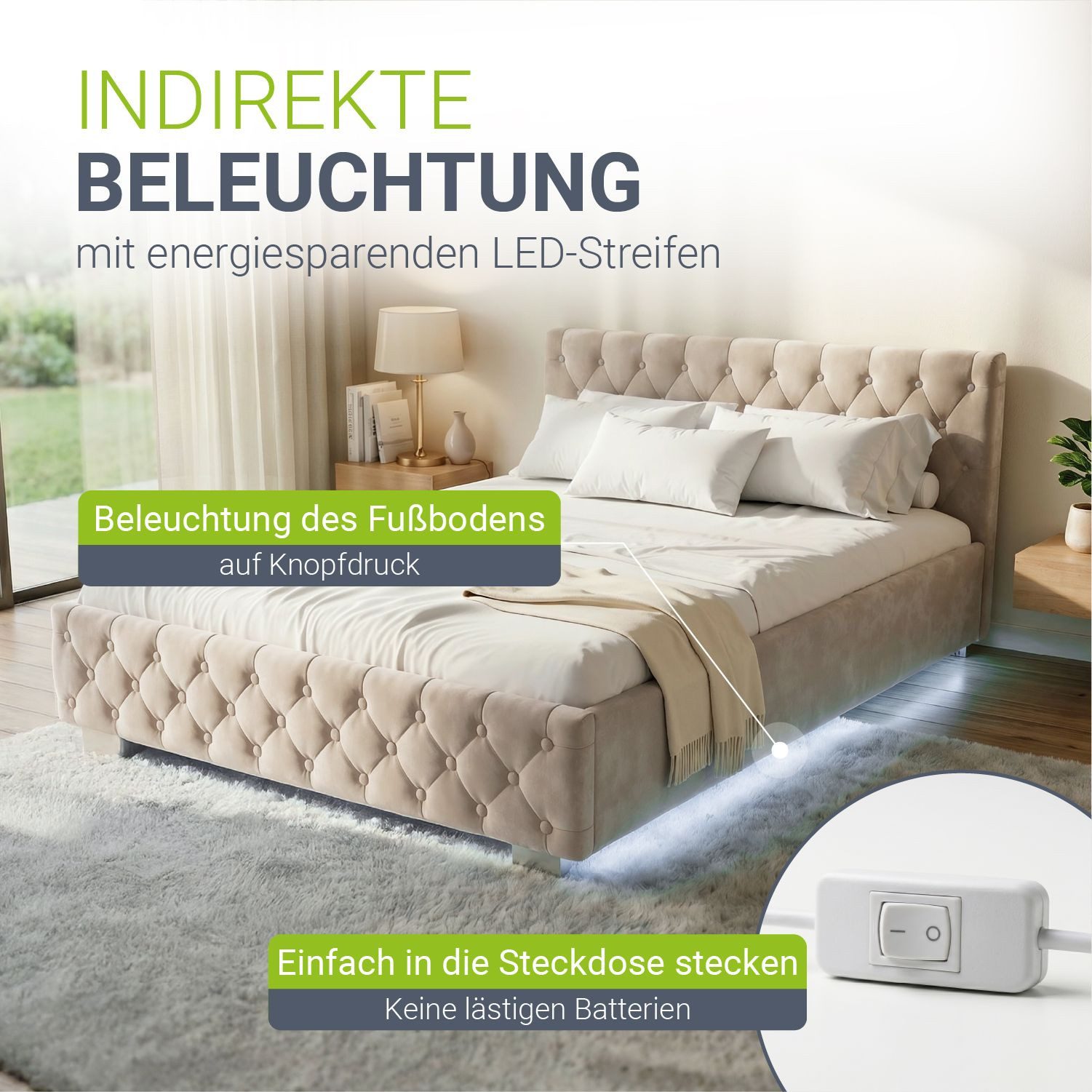 Juskys Polsterbett Nizza, 140x200 cm, LED Licht, Stauraum, Samtbezug, inkl. Matratze