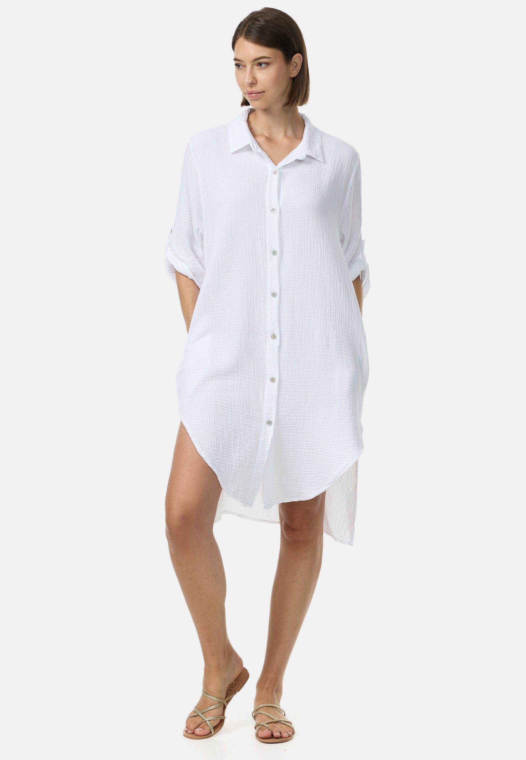 Rayshyne Longbluse PM50 (Trendige Musselin Longbluse Tunika) Perlmuttknöpfe, Atmungsaktiv, Hautfreundlich